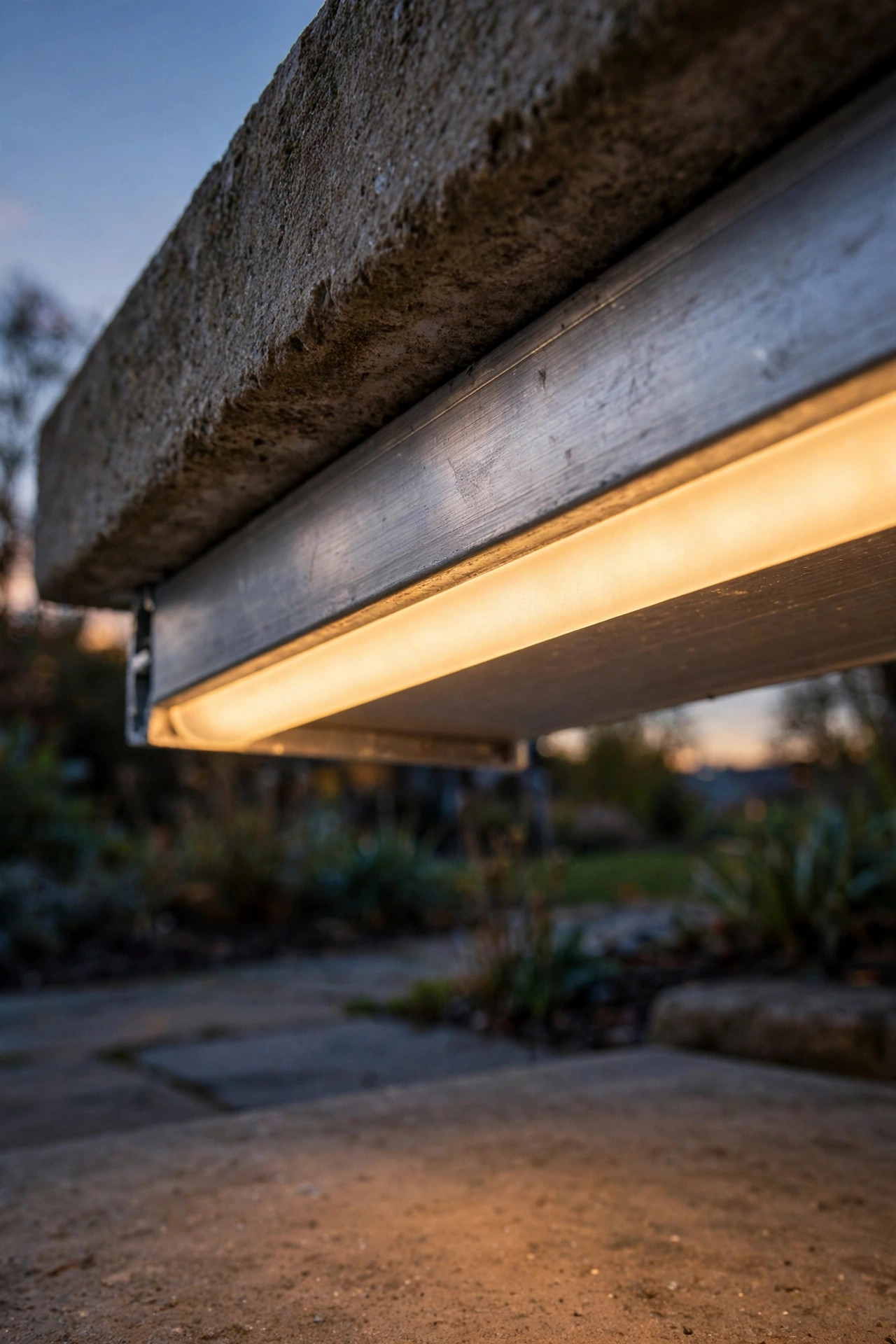 Close view of an aluminum channel with frosted diffuser under a step tread producing a smooth dot-free line of warm light