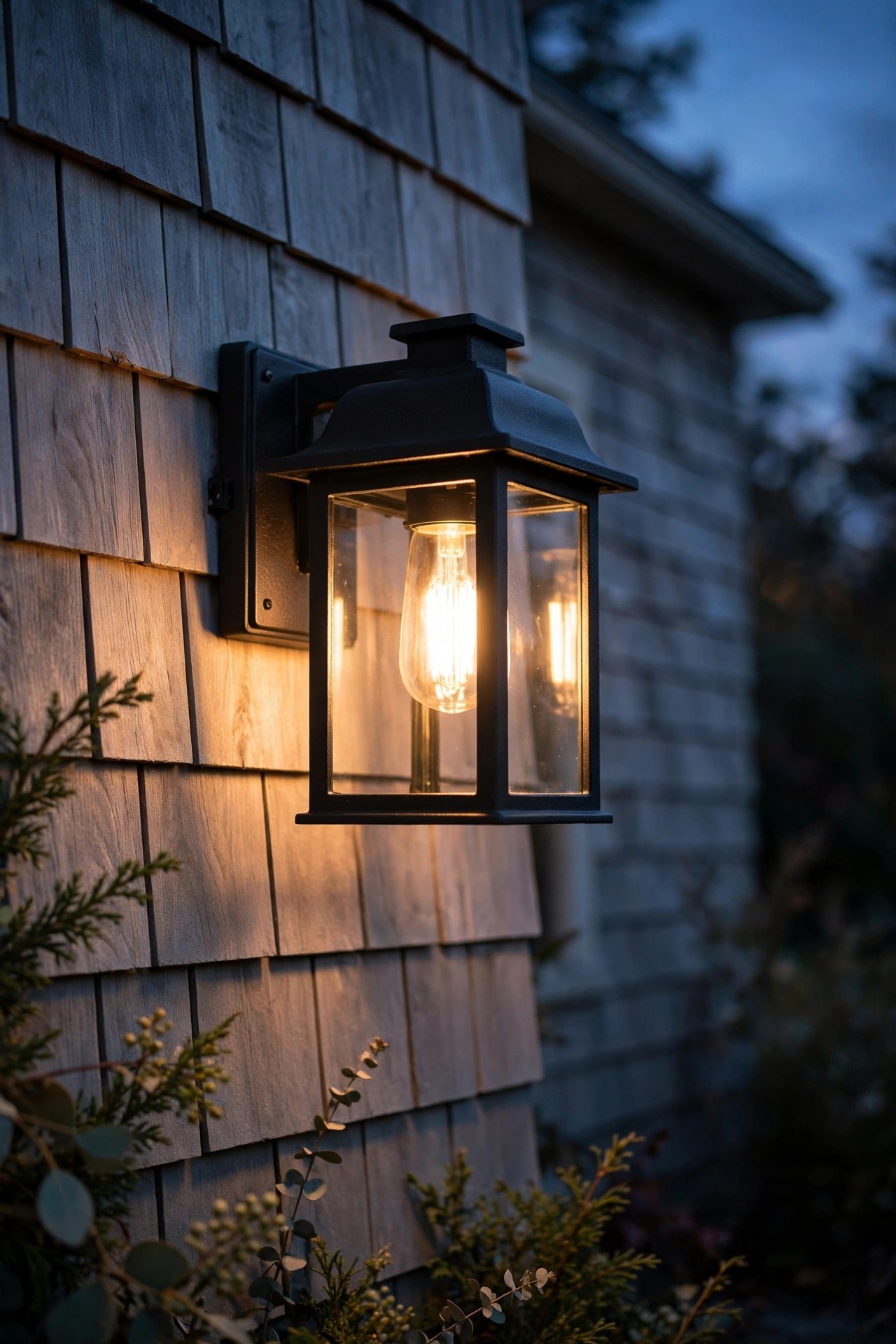 Black powder-coated cast aluminum outdoor wall sconce glowing warmly on a home exterior at dusk