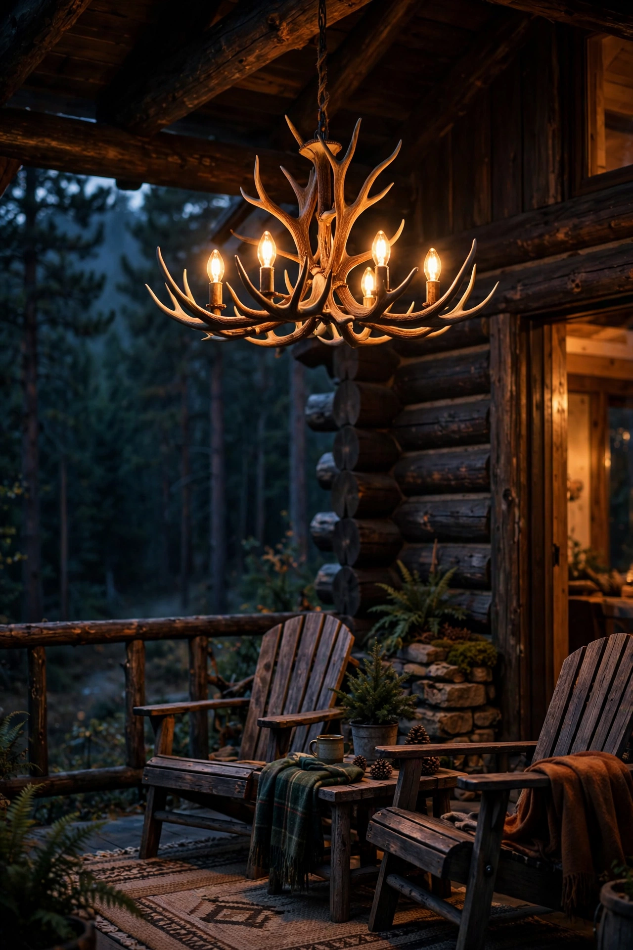 Antler-inspired chandelier with amber bulbs hanging over a rustic cabin porch seating area