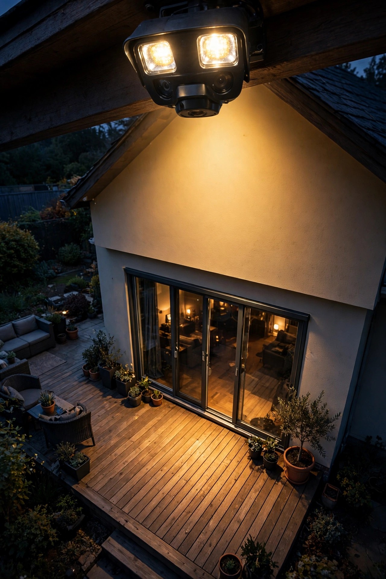 Rear eave flood light camera overlooking a patio and sliding glass door at dusk, warm light spilling across the deck boards