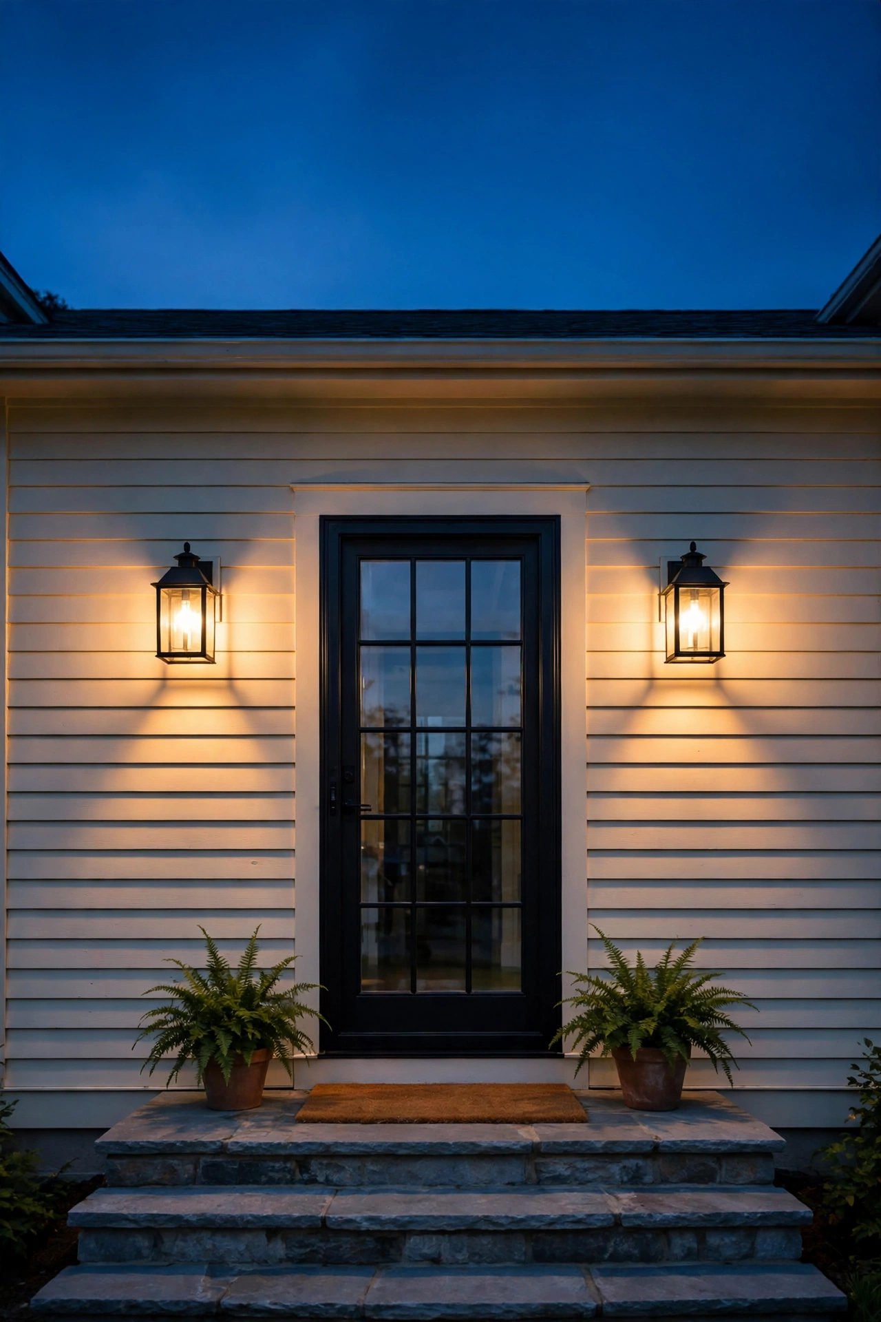 Matched pair of warm wall sconces flanking a back porch door at dusk