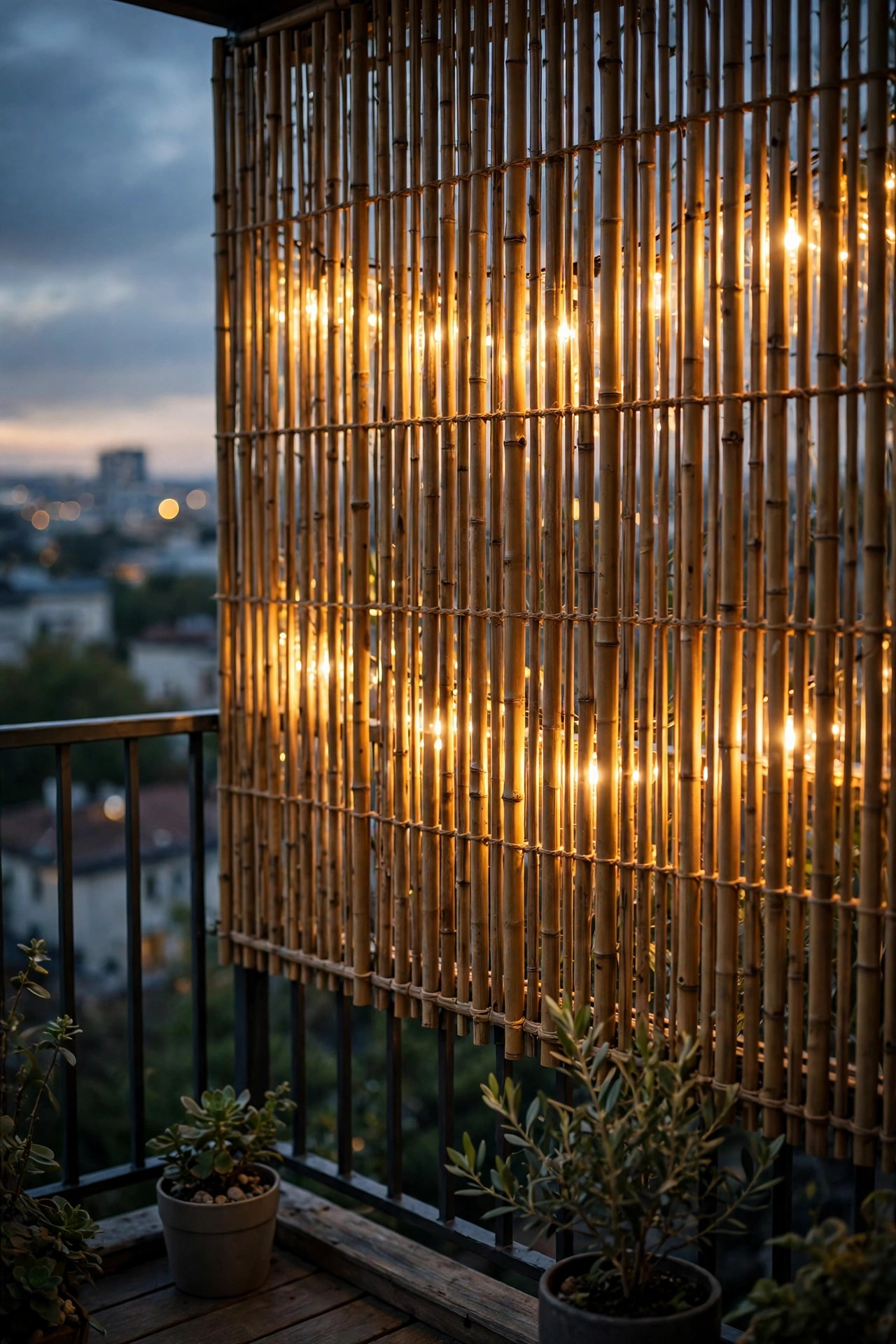 Bamboo privacy screen on a balcony railing glowing golden at dusk with warm string lights shining through the slats from behind