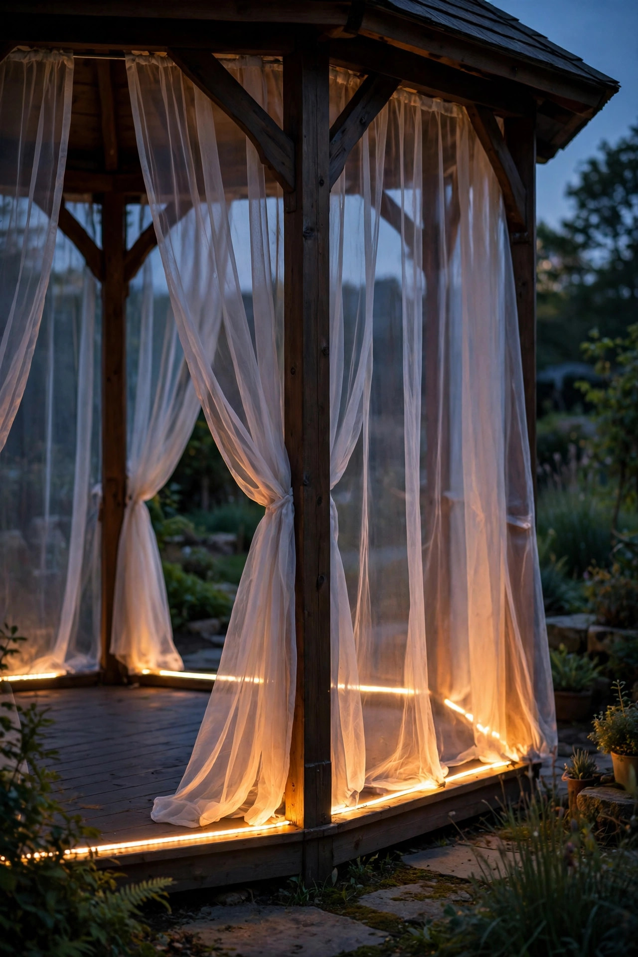 Sheer gazebo curtains backlit by a hidden LED strip glowing along the floor rail