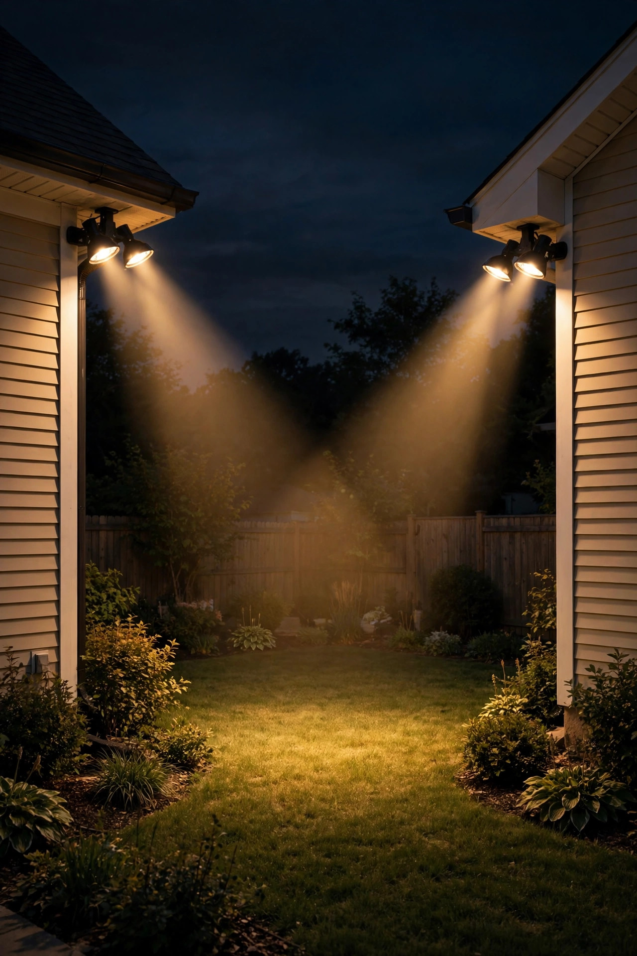 Backyard corners of a suburban home lit by aimed-down motion flood lights with overlapping beams and no harsh glare