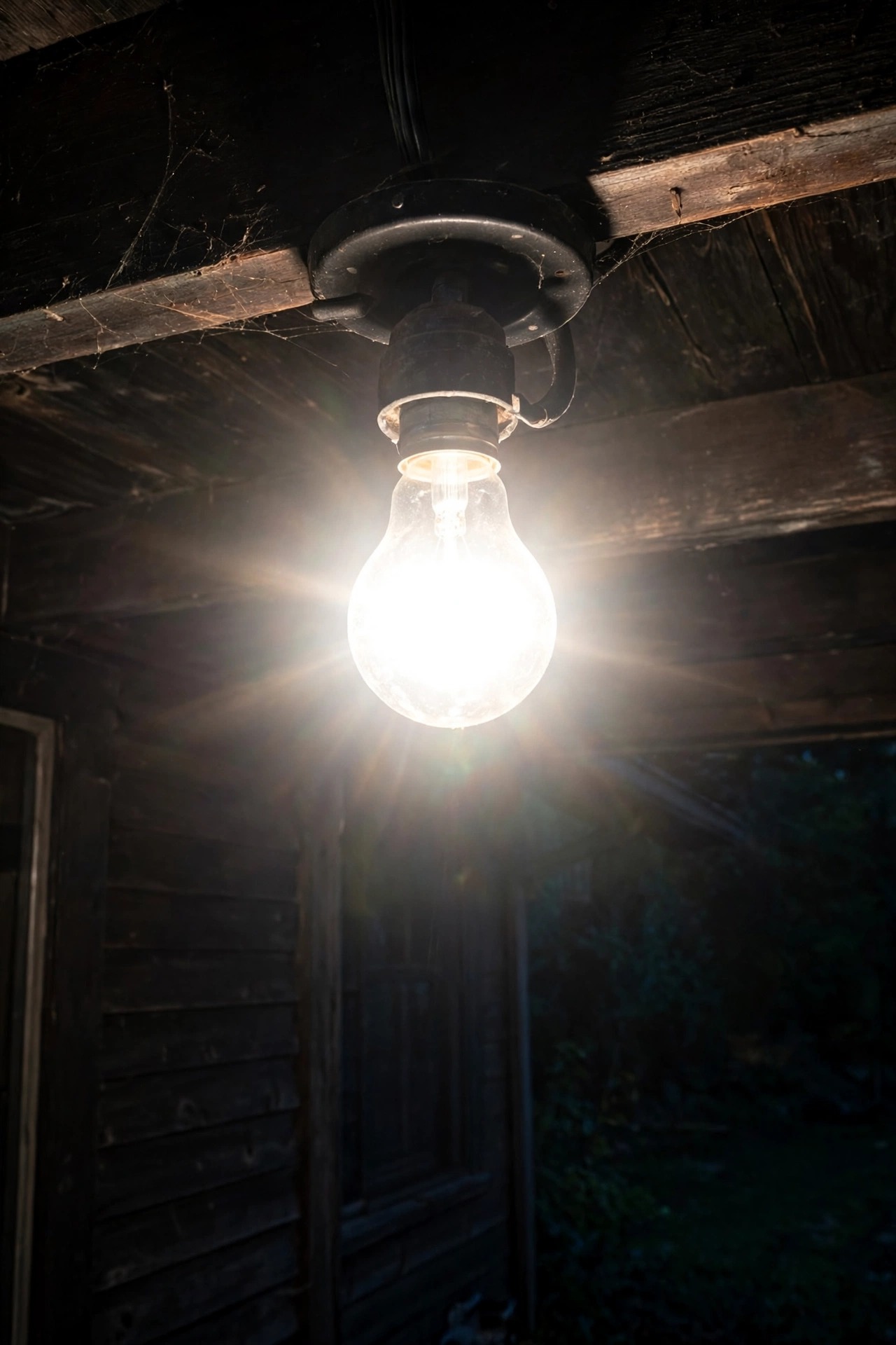 Exposed bare bulb glowing harshly inside an open porch fixture at night, bright glare with no shade or diffuser to soften the light