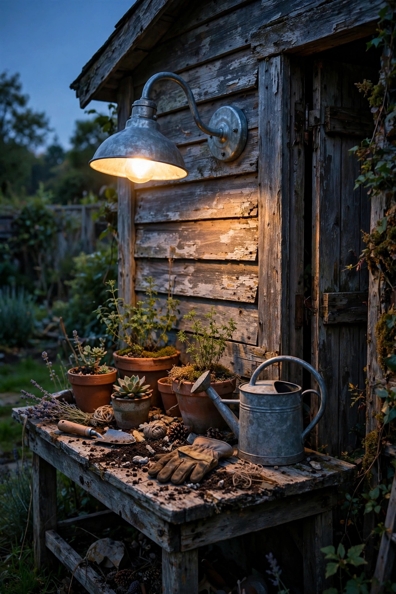 Galvanized gooseneck barn sconce glowing over a rustic potting bench beside a weathered garden shed at dusk