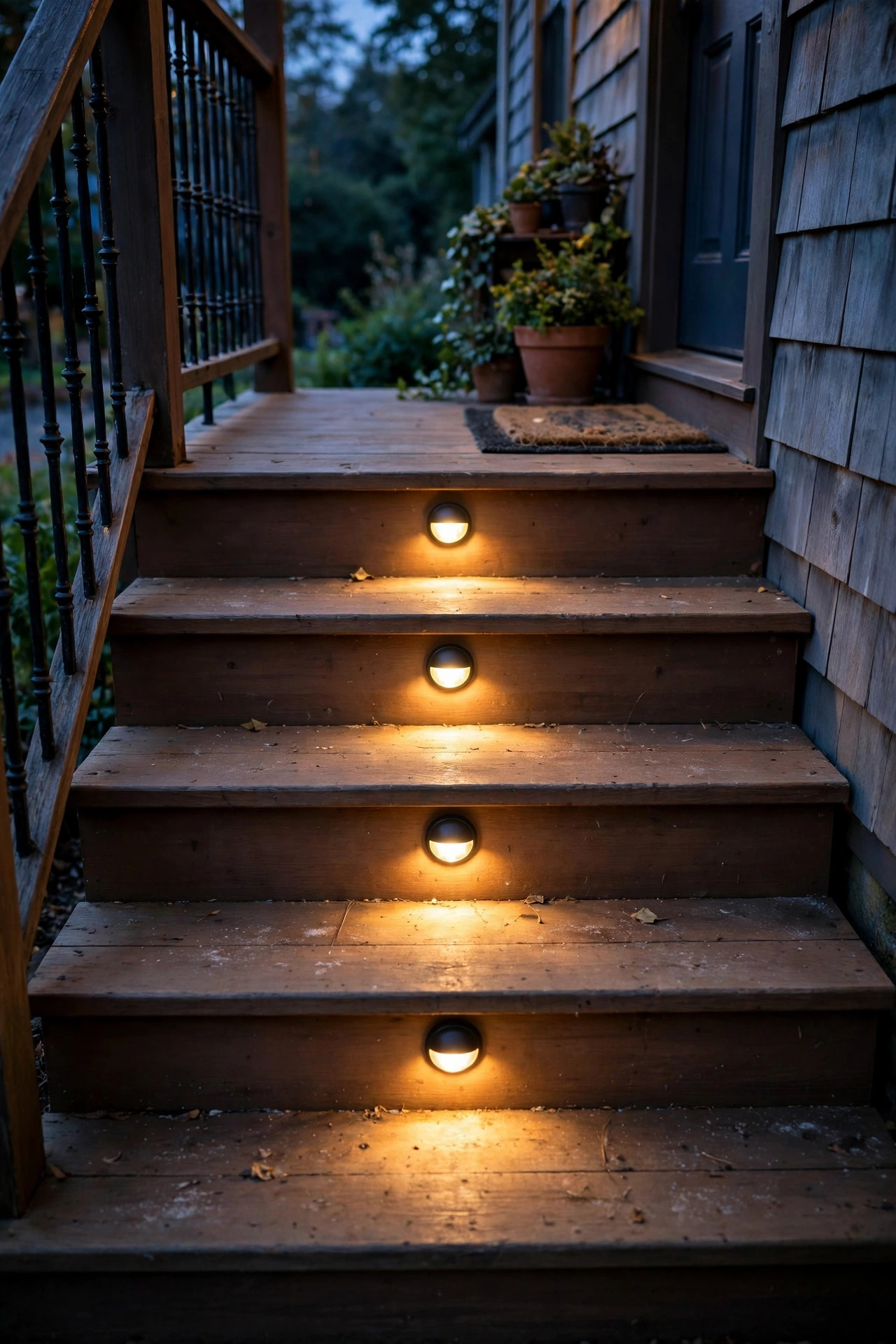 Small battery-powered adhesive step lights pressed onto porch risers casting warm pools of light on each tread