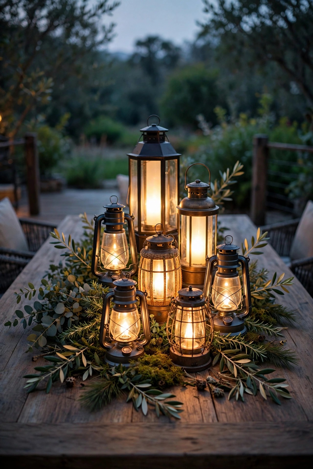 Battery lanterns of different heights clustered along the center of a deck dining table with greenery at dusk