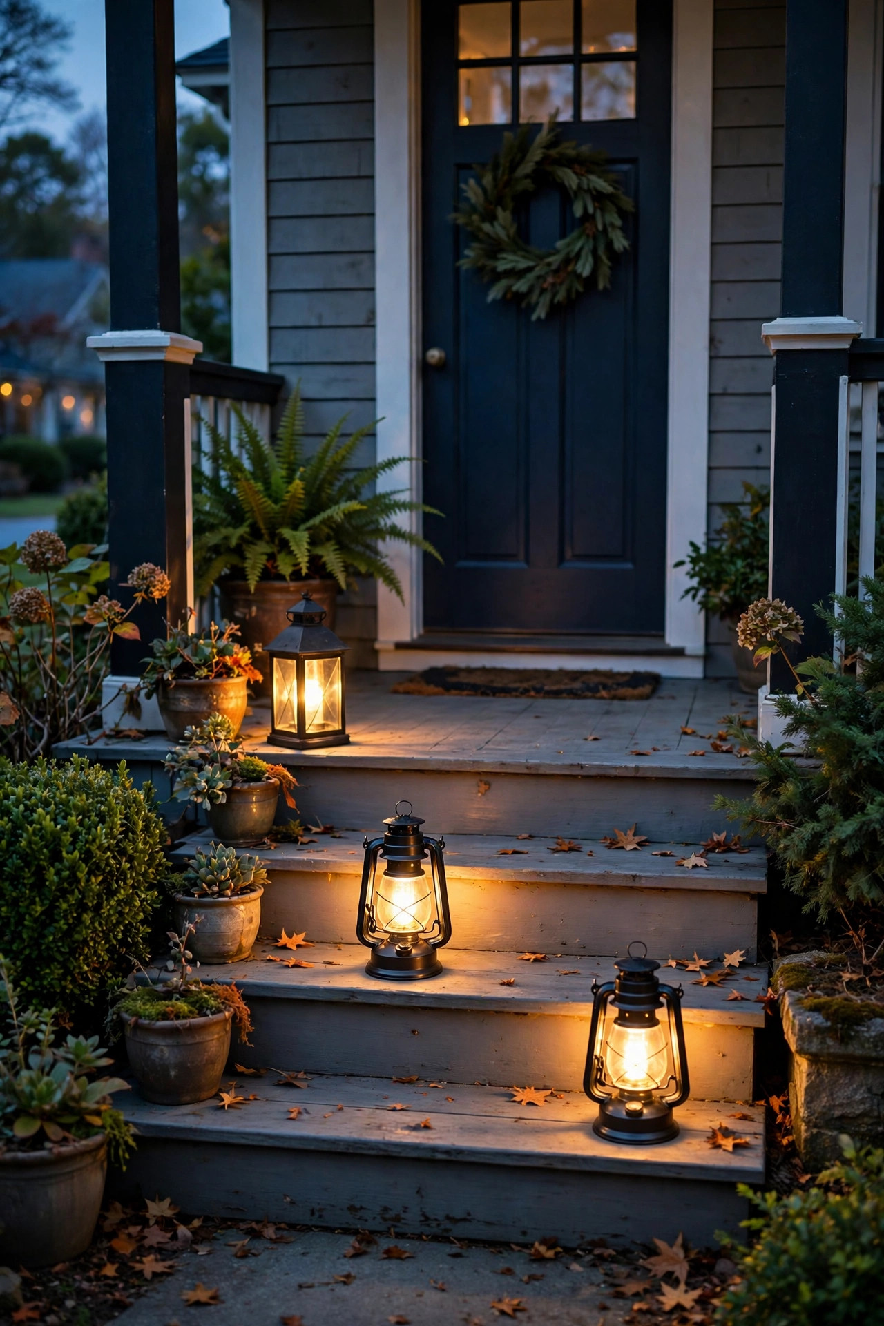 Battery powered LED lanterns glowing on front porch steps in the evening