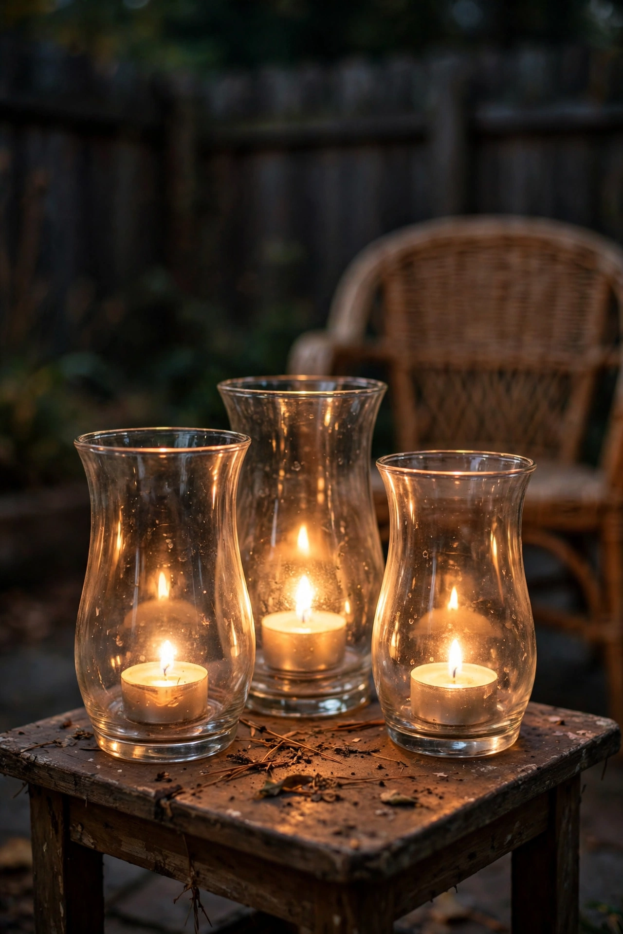 Glass hurricanes with flickering battery tea lights on a patio coffee table at night
