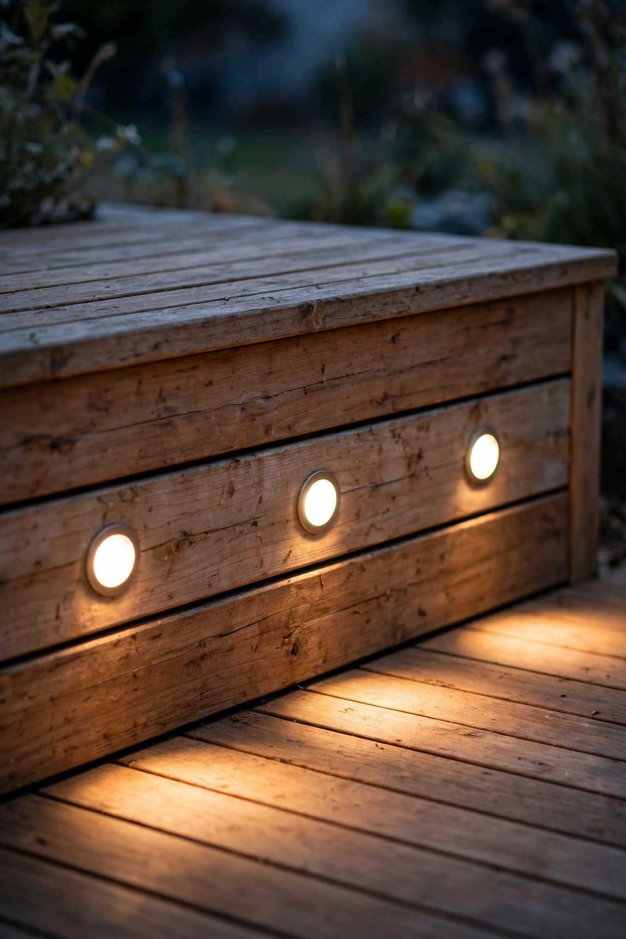 Close view of a built-in deck bench front board with recessed round puck lights casting soft pools of light onto the deck floor