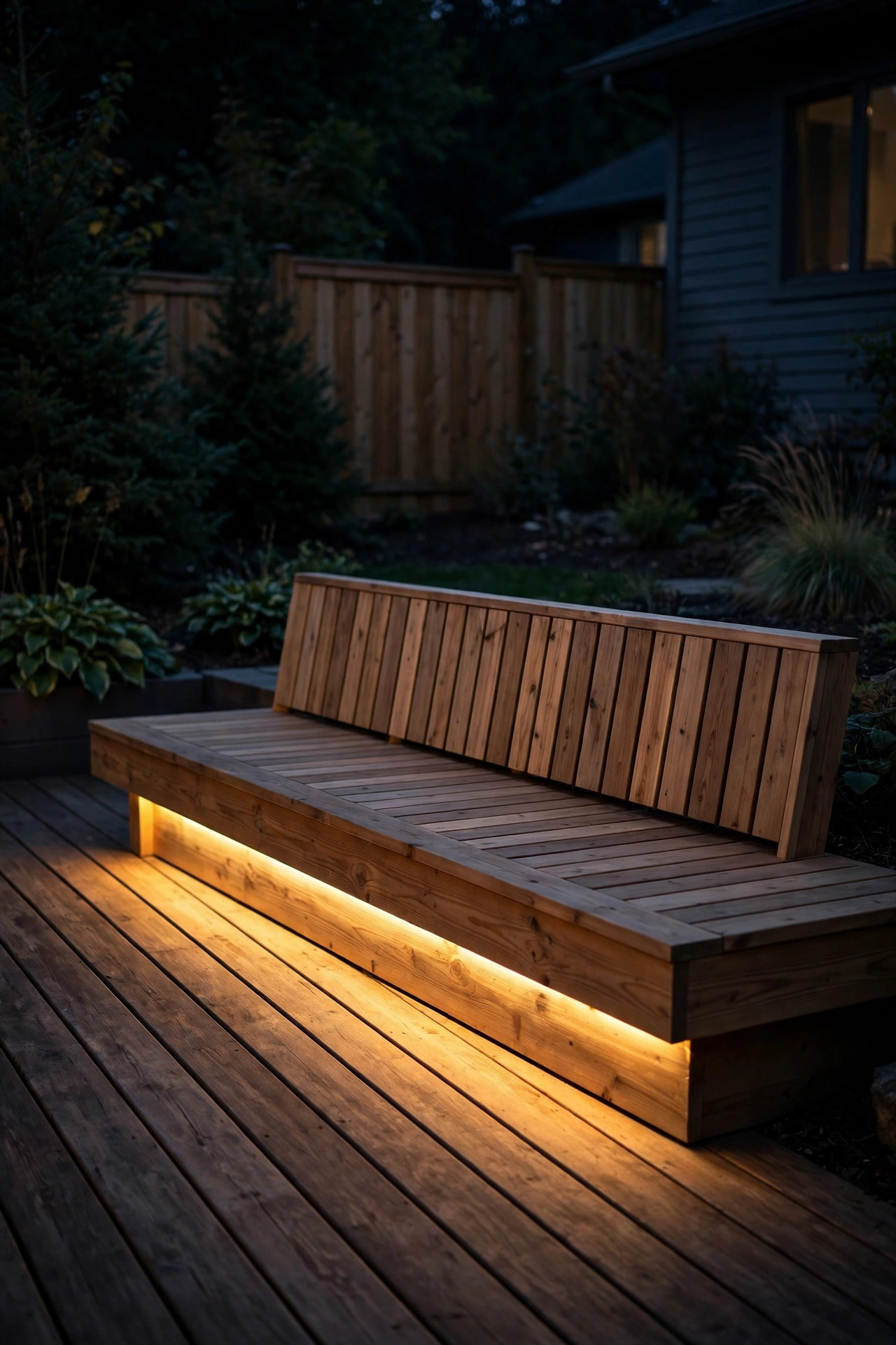 Built-in wooden deck bench at night with rope light glowing from the recessed toe kick underneath