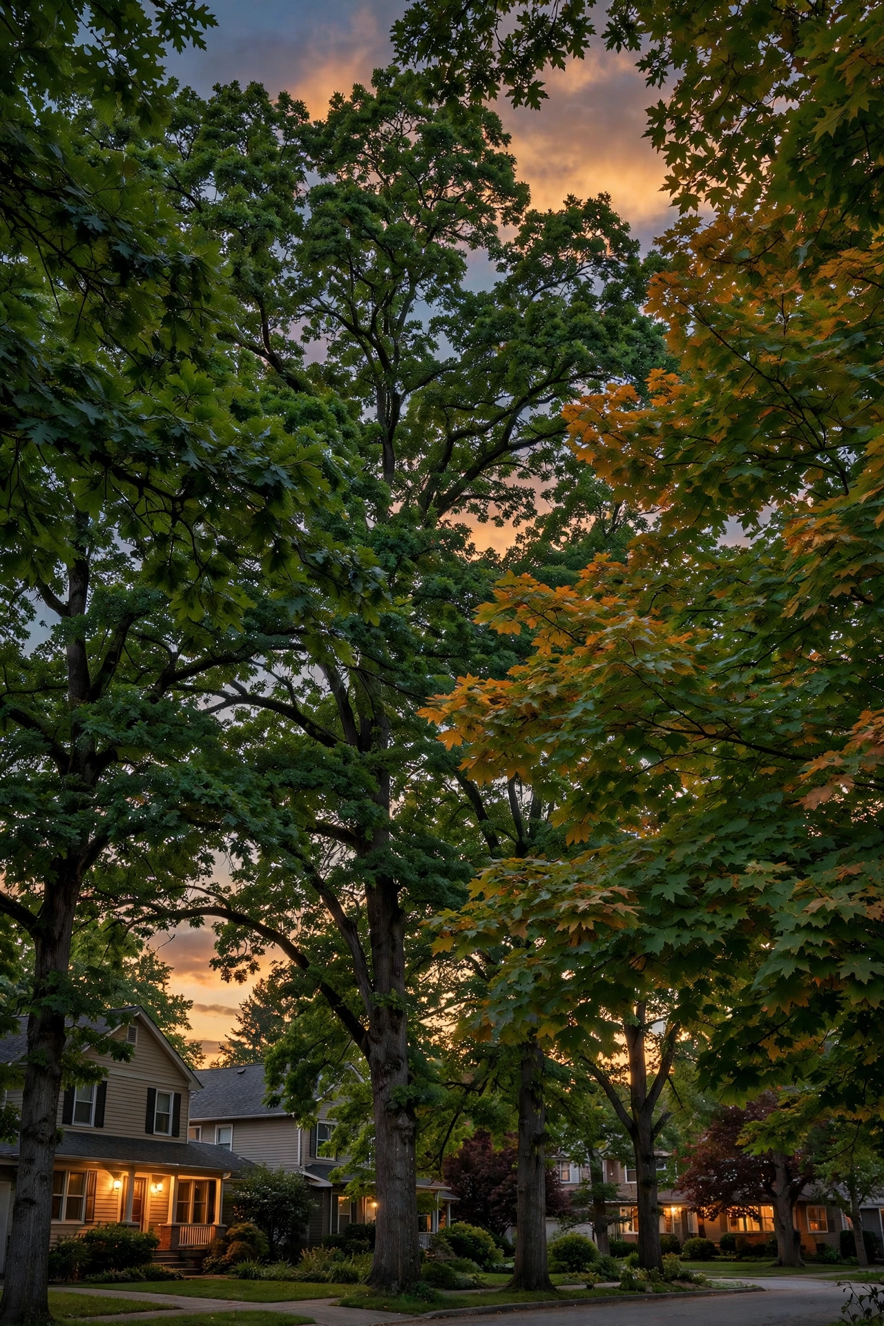Tall oak and maple trees at dusk showing ideal canopy height and density for moonlighting trees installations