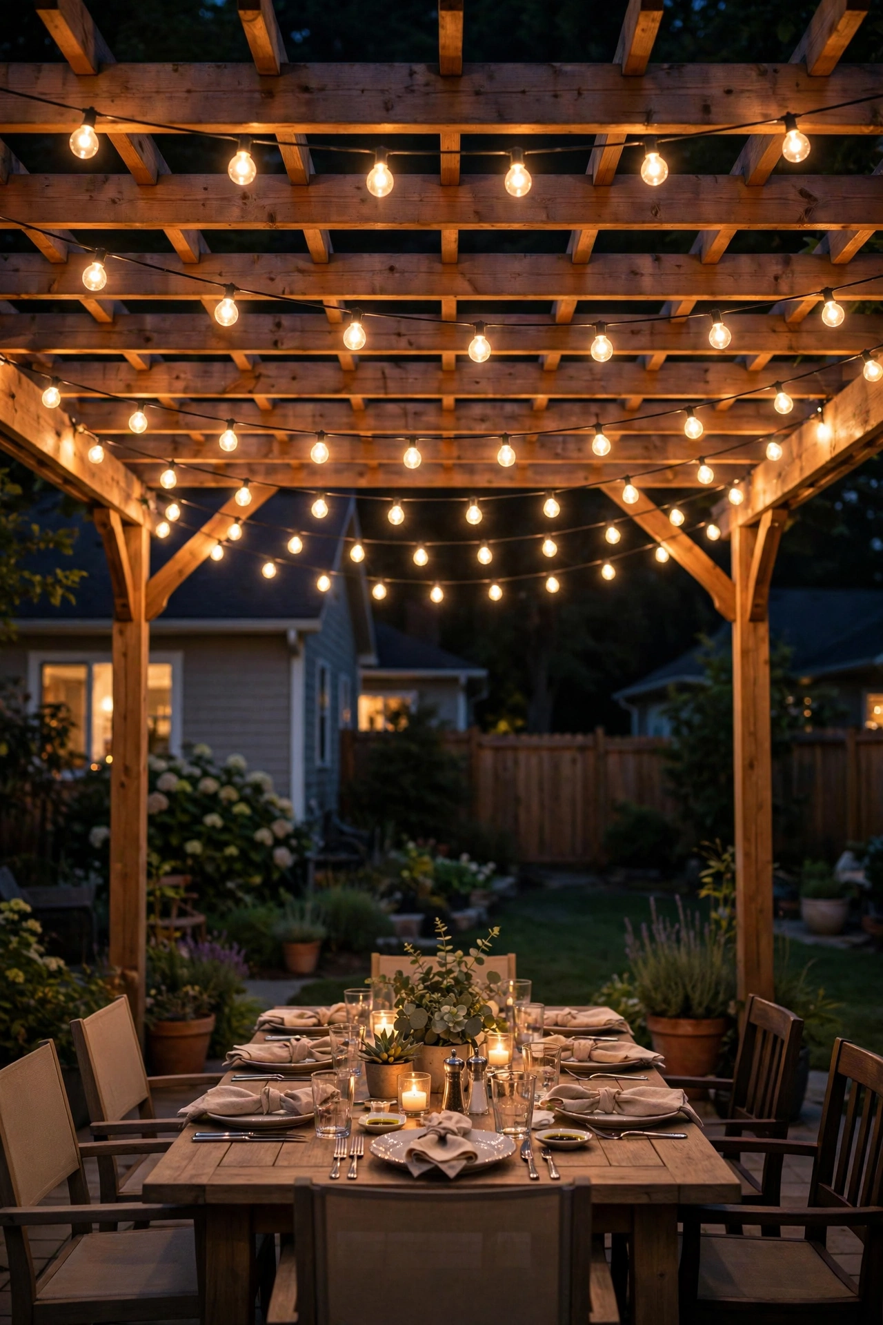 Bistro globe string lights in parallel rows over a pergola dinner table at night