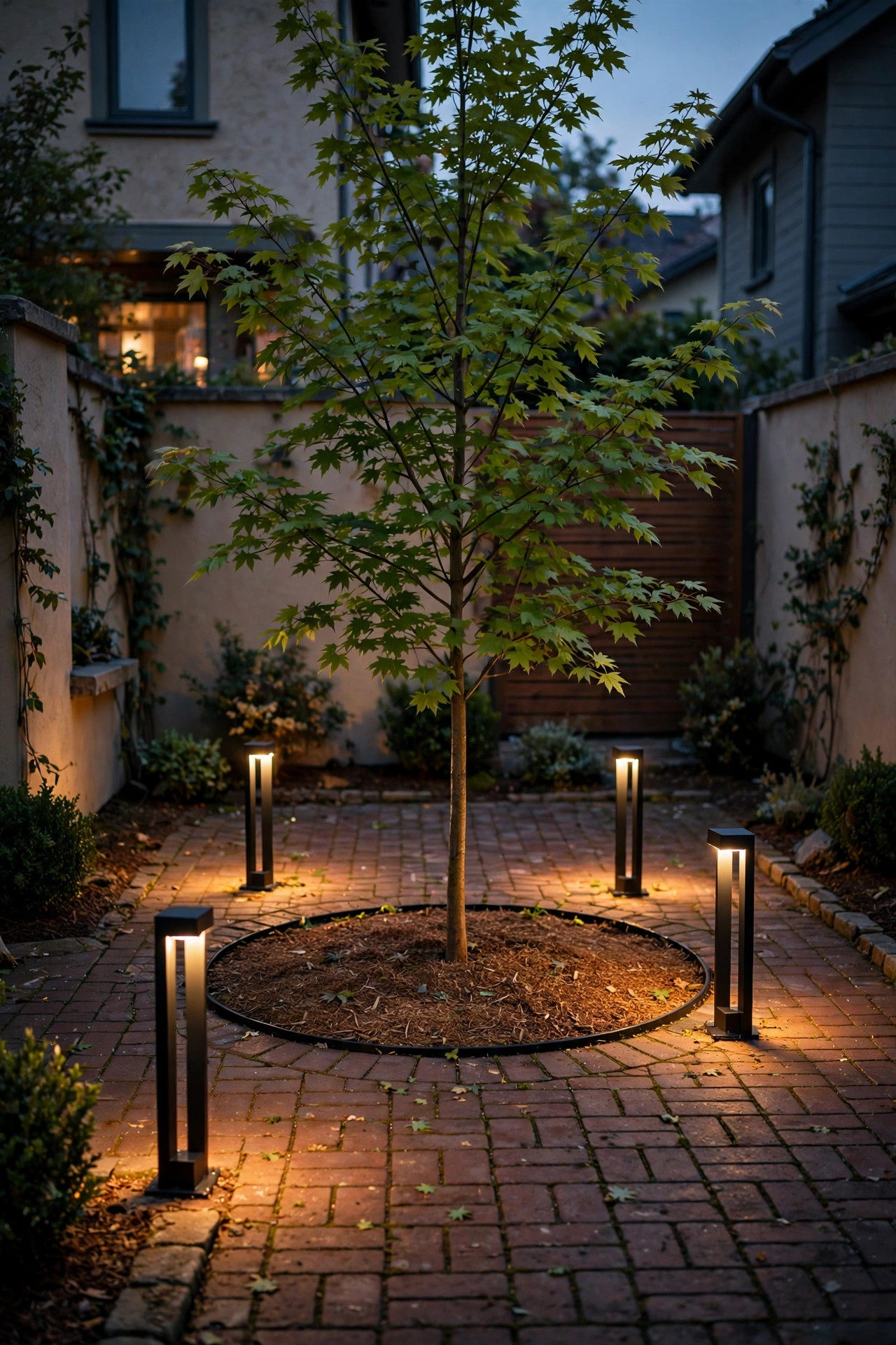 Low bollard lights glowing around a courtyard tree at dusk
