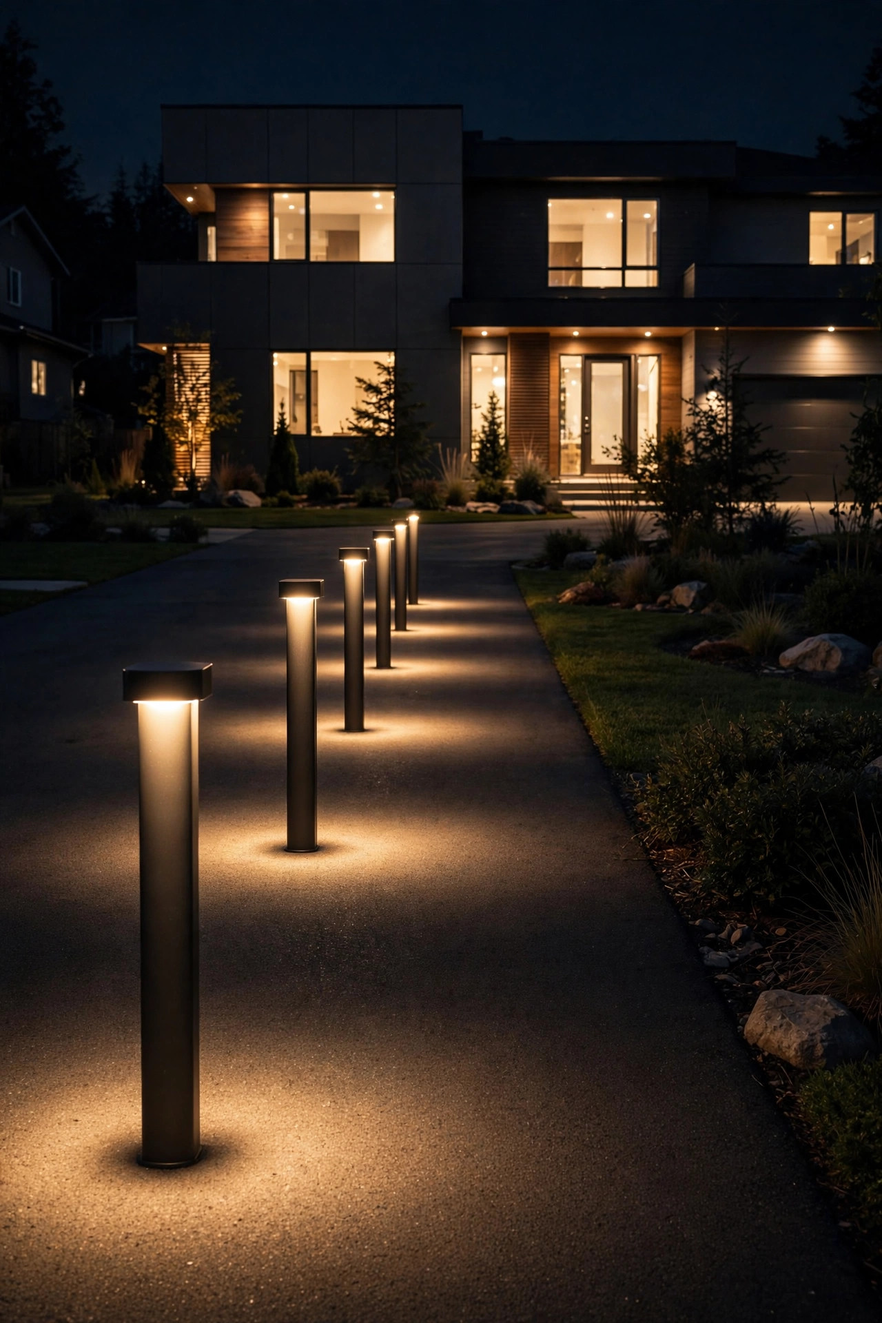 Row of modern bollard lights illuminating a straight driveway edge at night