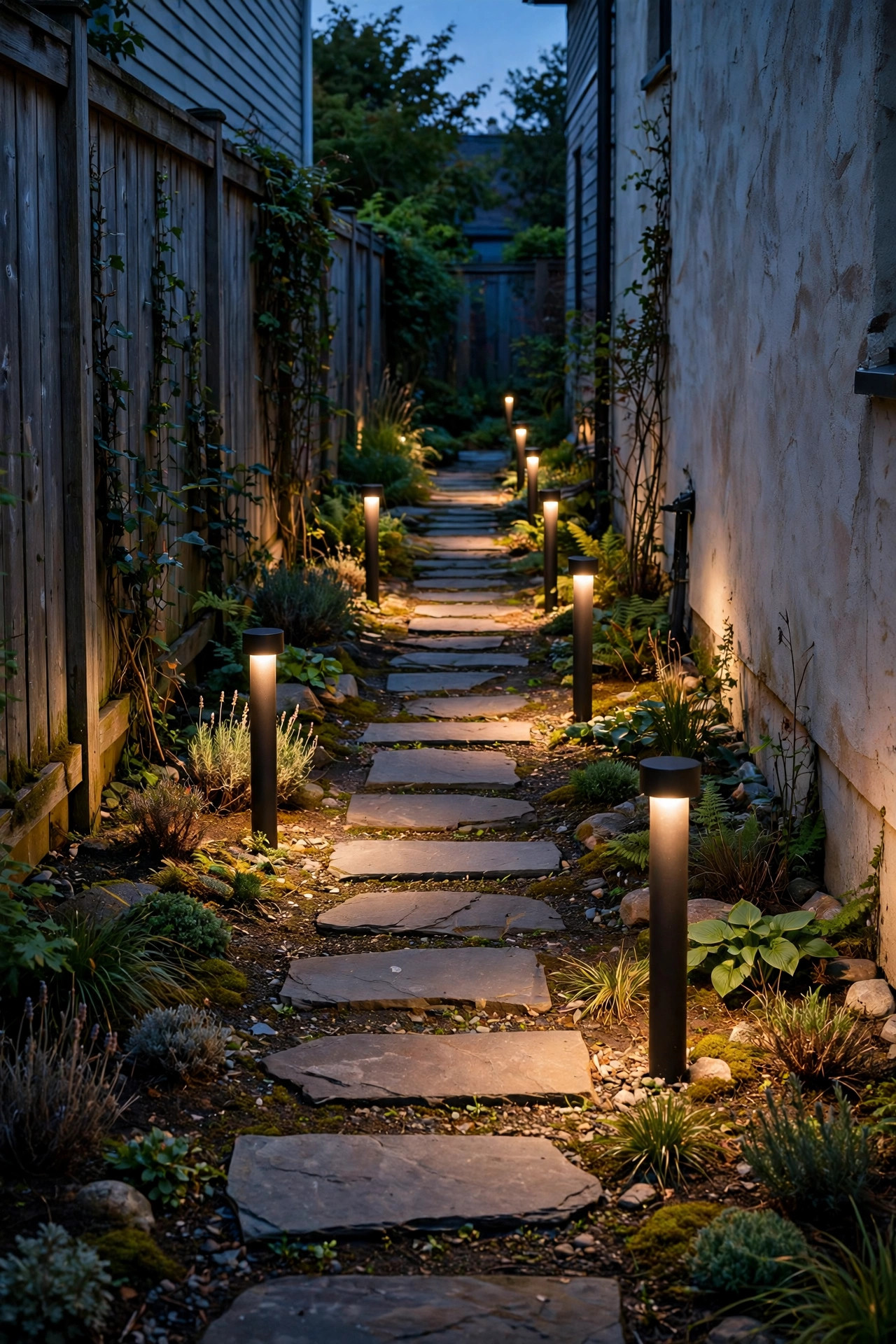 Low bollard path lights staggered along a stepping stone path in a narrow side yard, casting soft pools of warm light