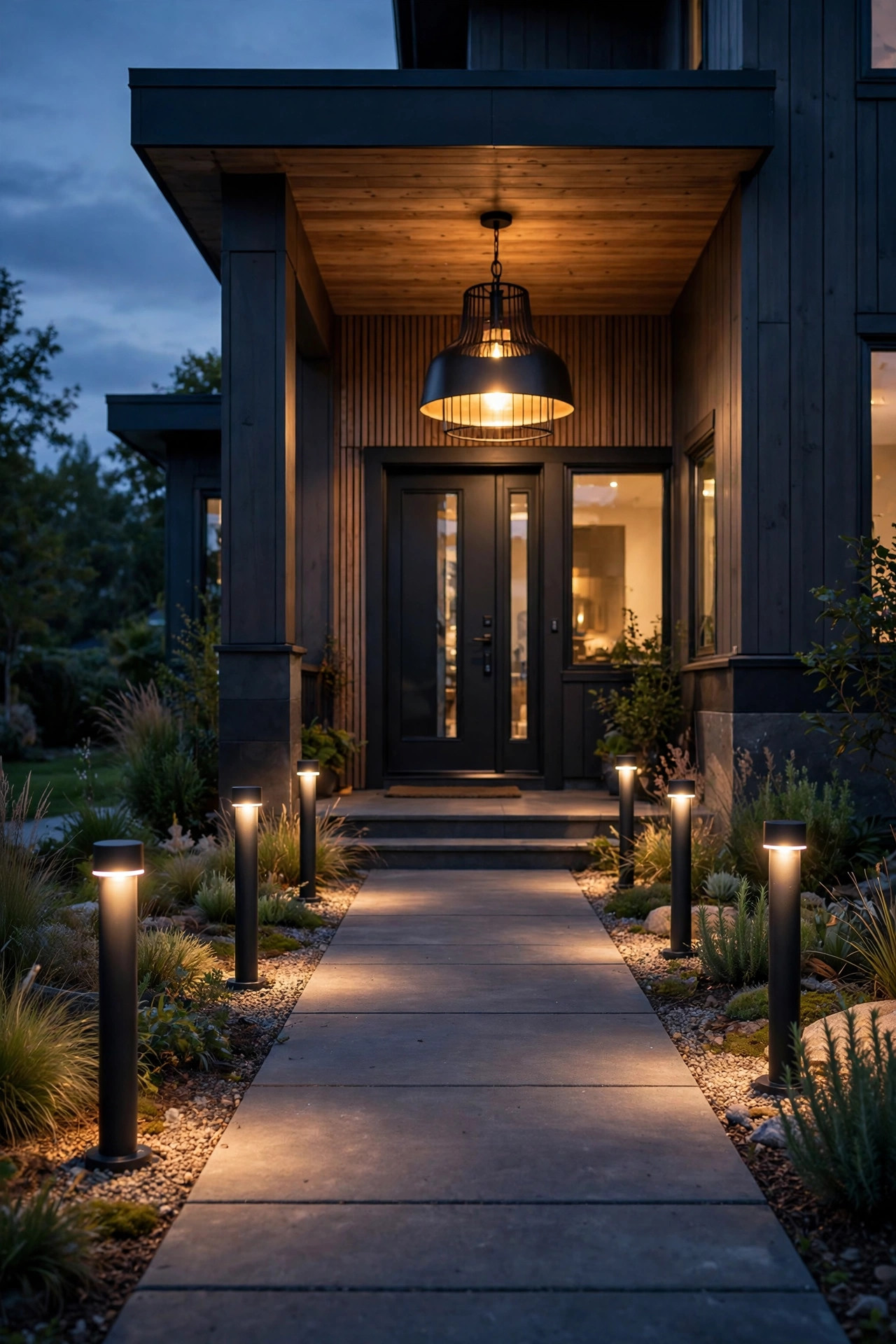 Modern bollard lights along a front path paired with a large pendant light over the porch