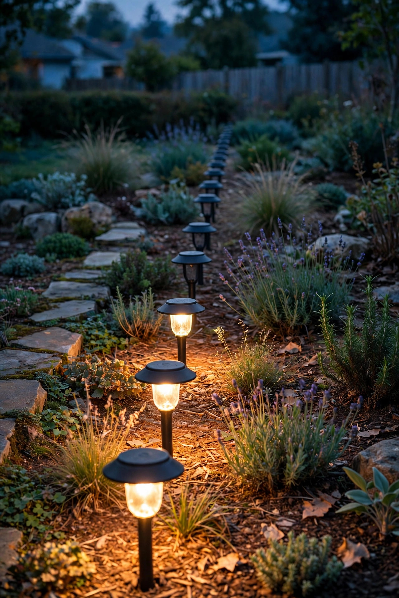 Row of low-voltage path lights along a garden bed at dusk glowing bright at the start of the run then abruptly dark partway down the line