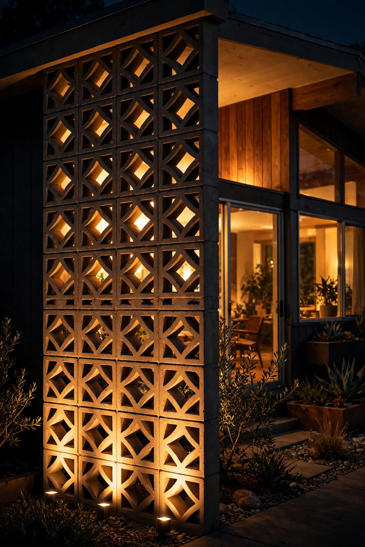 Warm uplights washing over a decorative breezeblock wall at night with light spilling through block openings