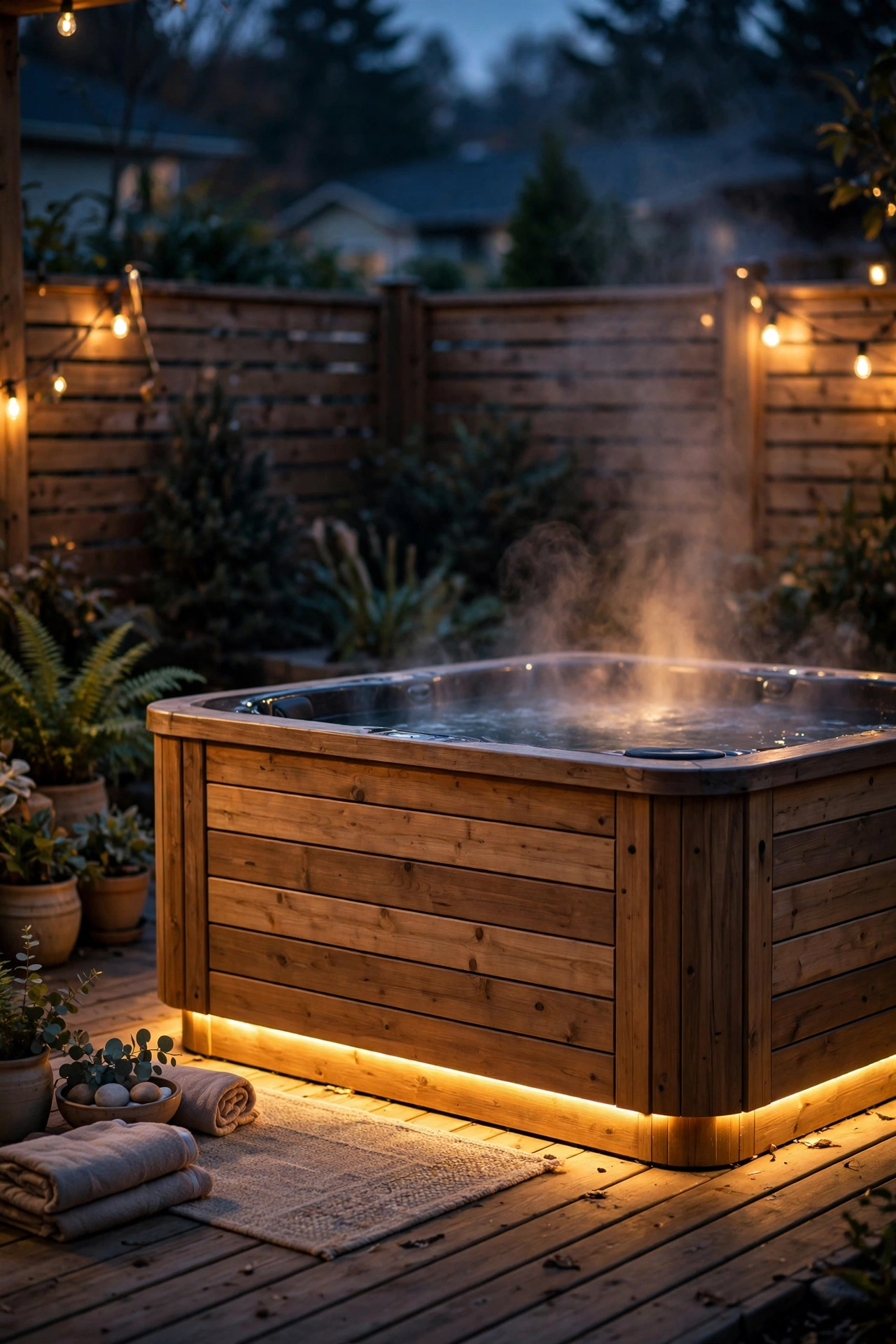 Warm LED strip lighting glowing under the edge of a hot tub cabinet on a deck