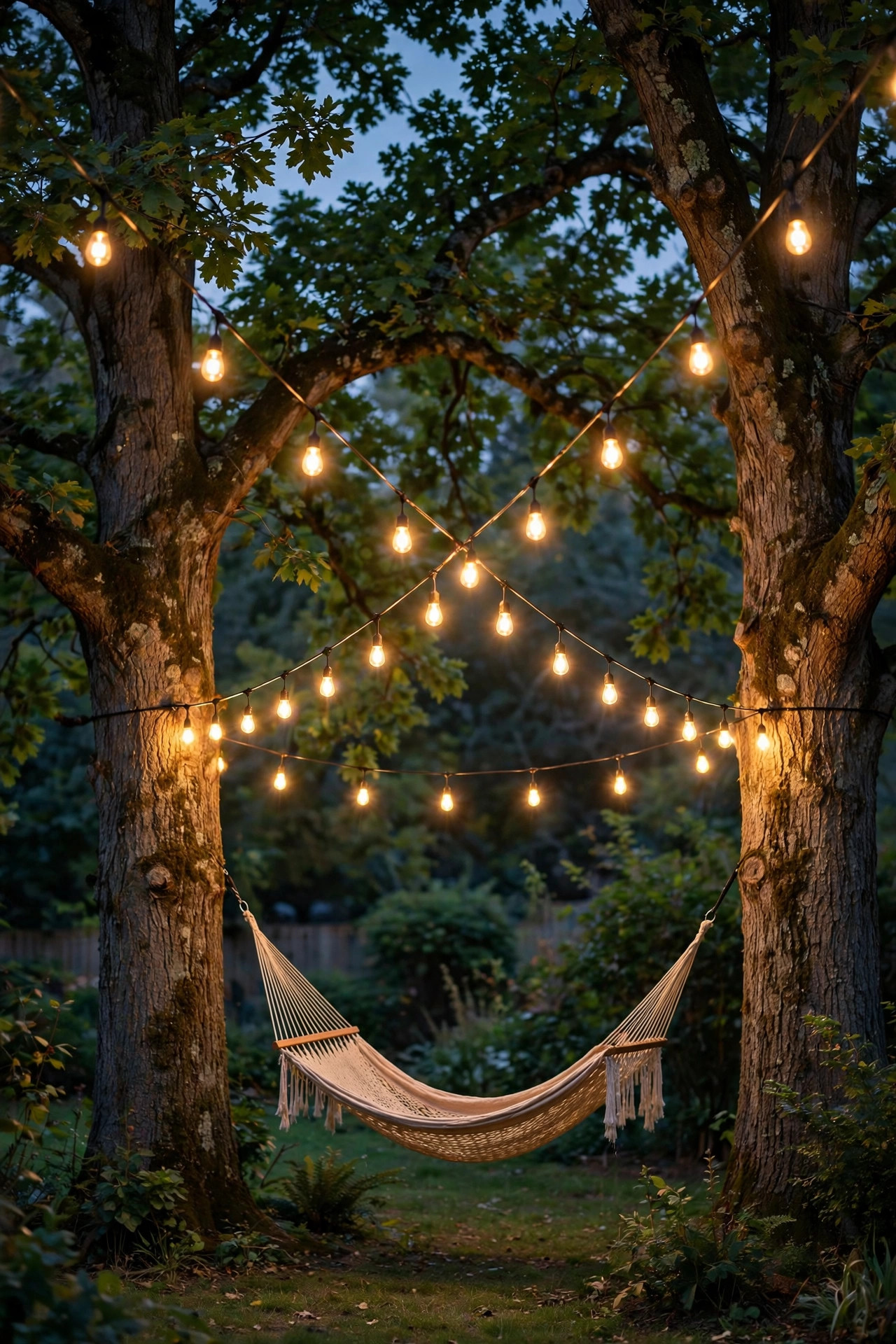Warm white café string lights crisscrossed over a patio with greenery and small ornaments clipped along the wires