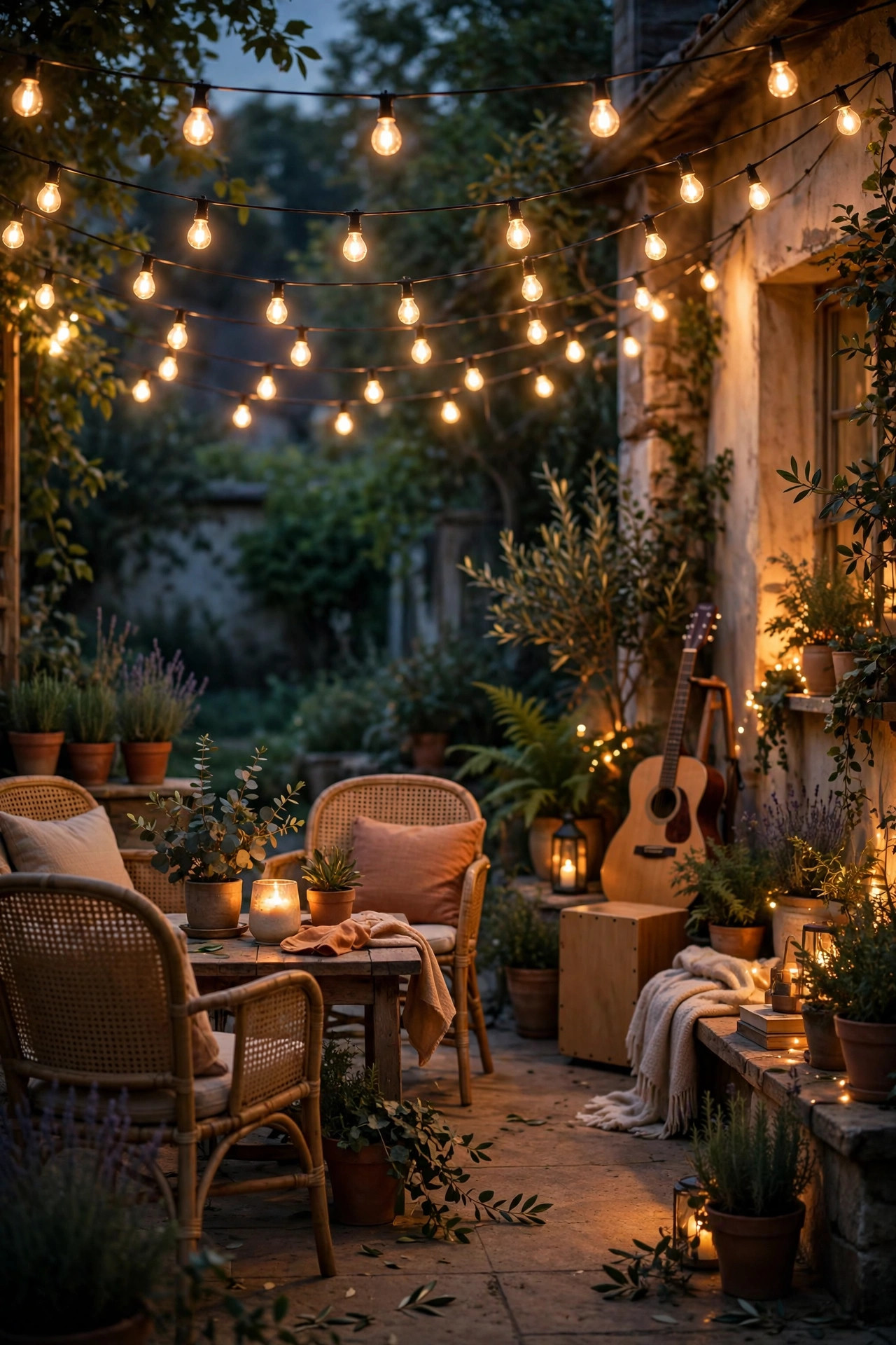 String light canopy glowing at a soft dimmed level over patio seating while a singer performs in warm light