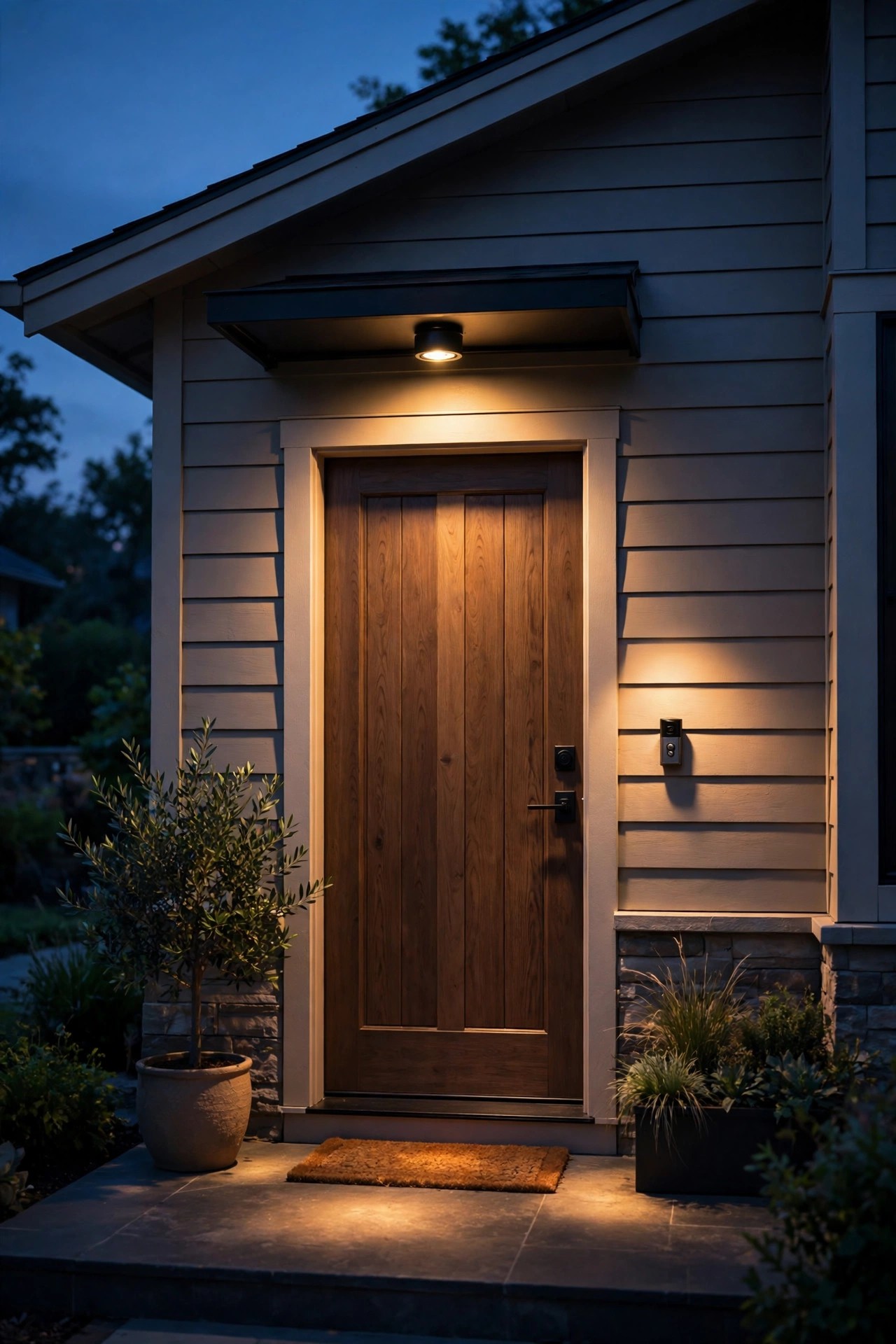 Small canopy downlight above a front door washing the doorbell wall and entry with warm downward light