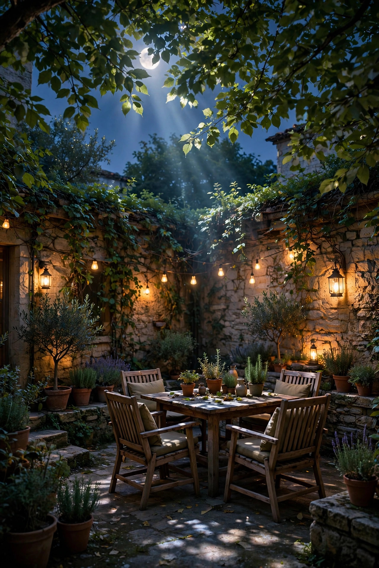 Soft moonlight effect shining down through tree leaves into a shaded courtyard seating area