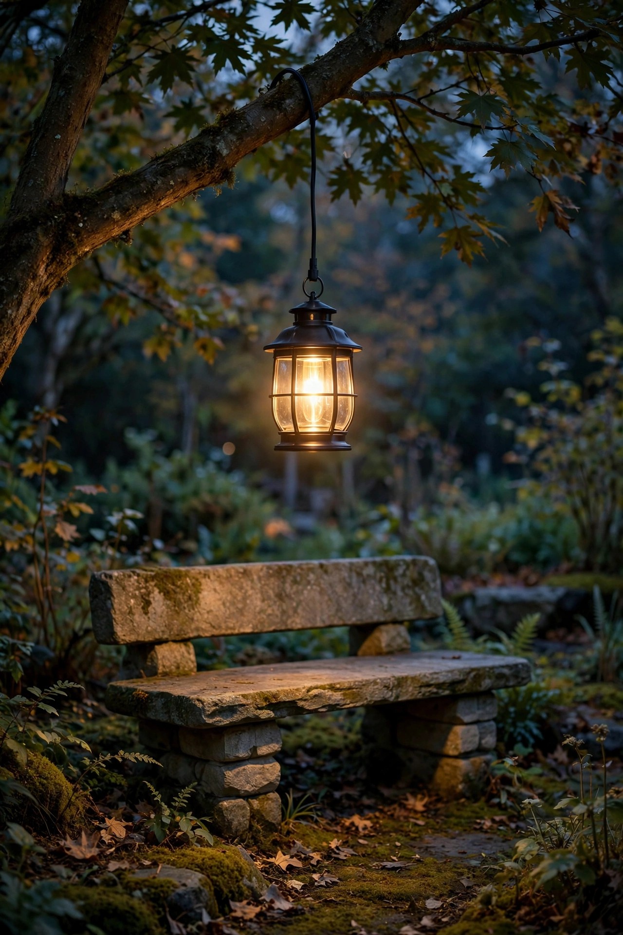 Small lantern-style pendant downlight hanging from a tree limb on a cable above a stone garden bench at dusk with warm golden light