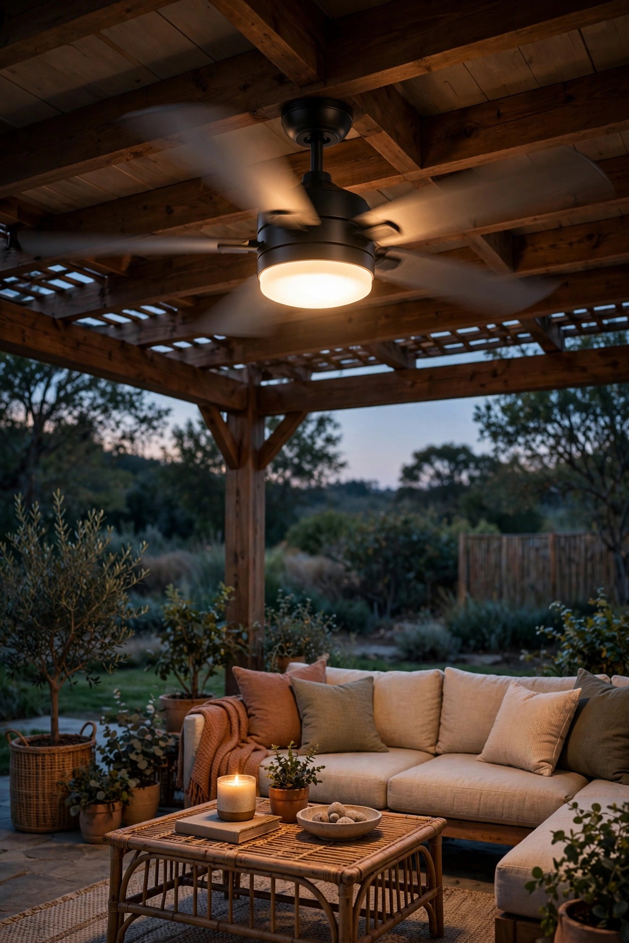 Outdoor ceiling fan with warm dimmable light kit turning slowly above a screened porch seating area