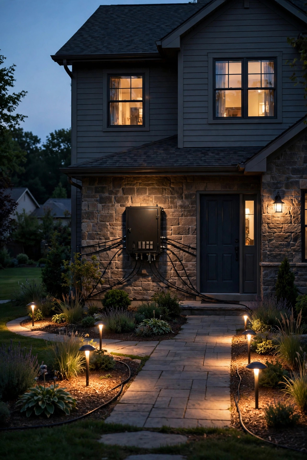 Evening view of a house with a centrally mounted landscape transformer and short cable runs radiating to path lights on both sides of the yard