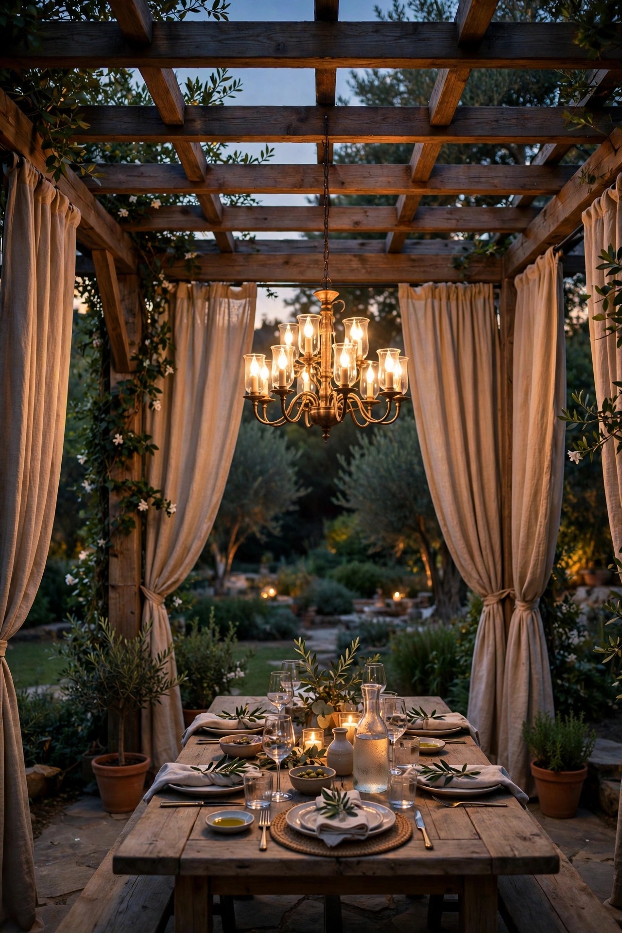 Outdoor chandelier glowing in the center of a pergola with curtains drawn around a dining table