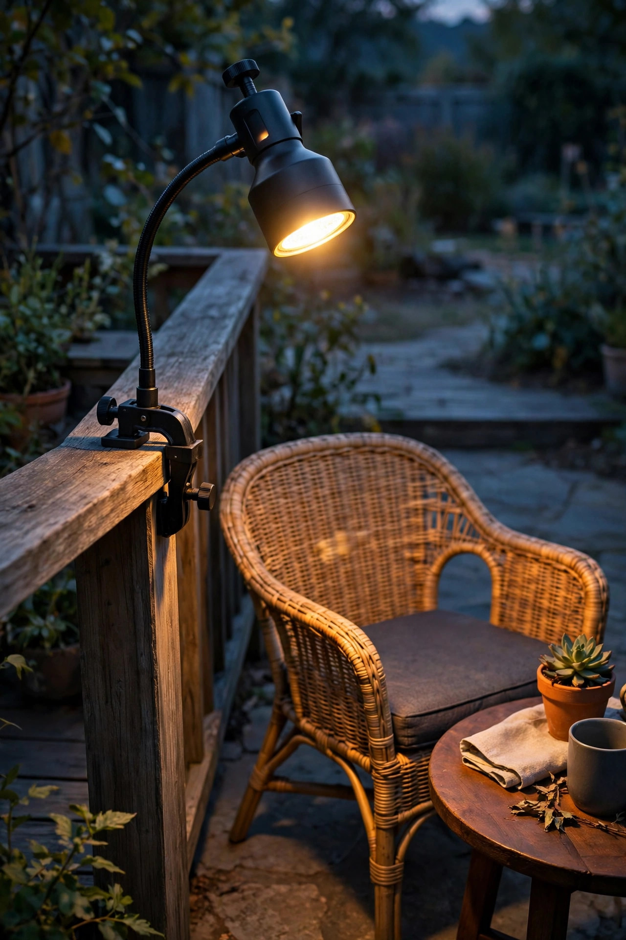 Clamp-on LED light with gooseneck gripping a patio railing and lighting a chair and side table at dusk