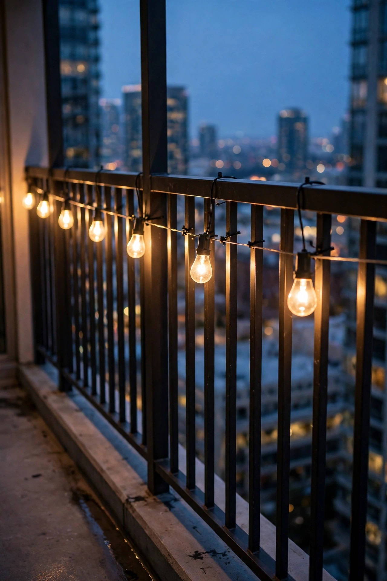 String lights zip tied socket by socket to a guide wire along the inside of a high-rise balcony railing, glowing straight and secure at dusk