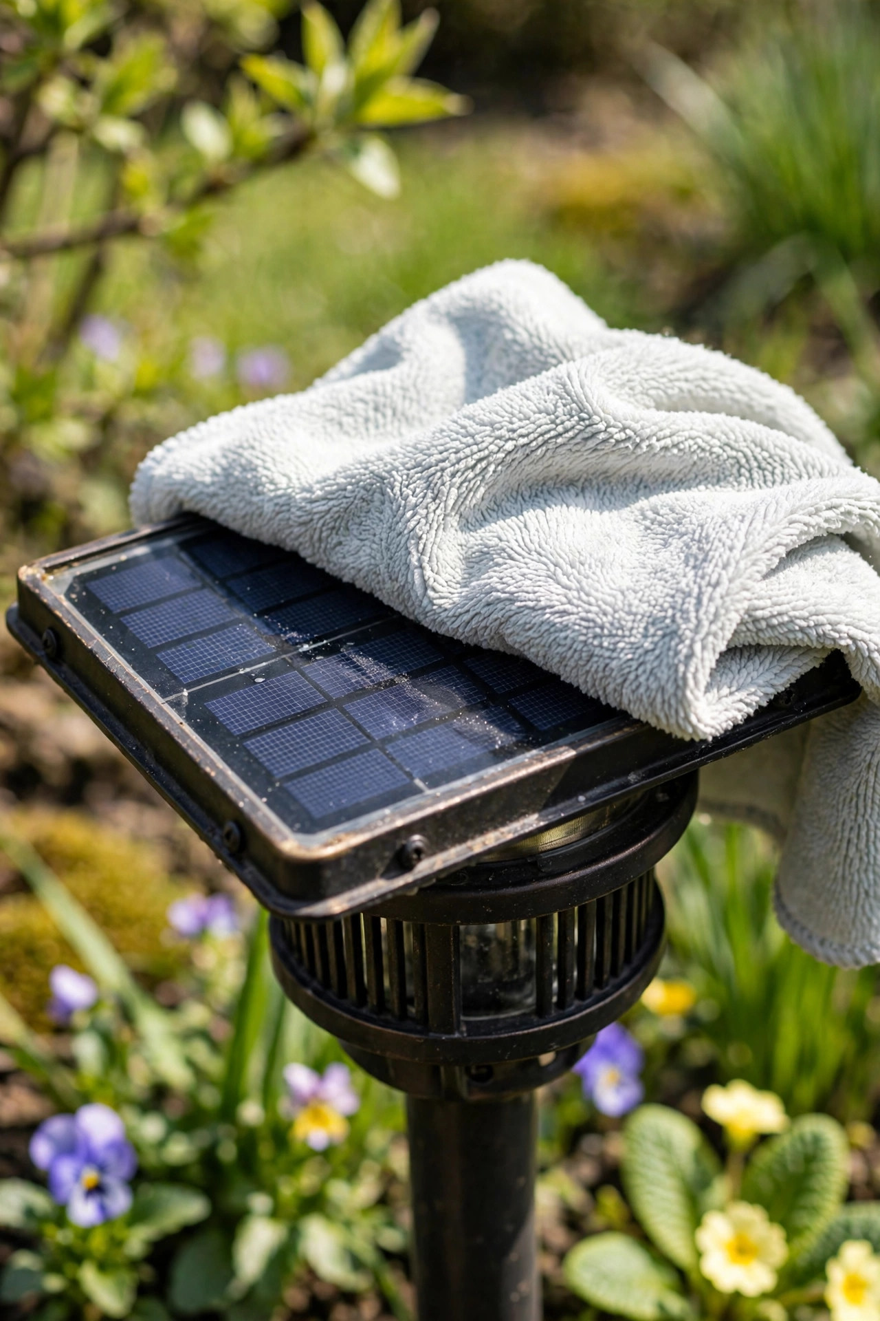 Hands wiping a small solar panel clean with a soft microfiber cloth in a sunny spring garden