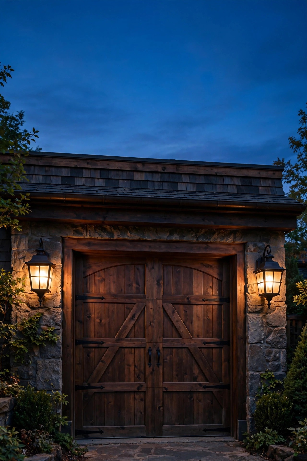 Two classic coach lights with four-sided glass glowing warmly on either side of a traditional garage door at dusk
