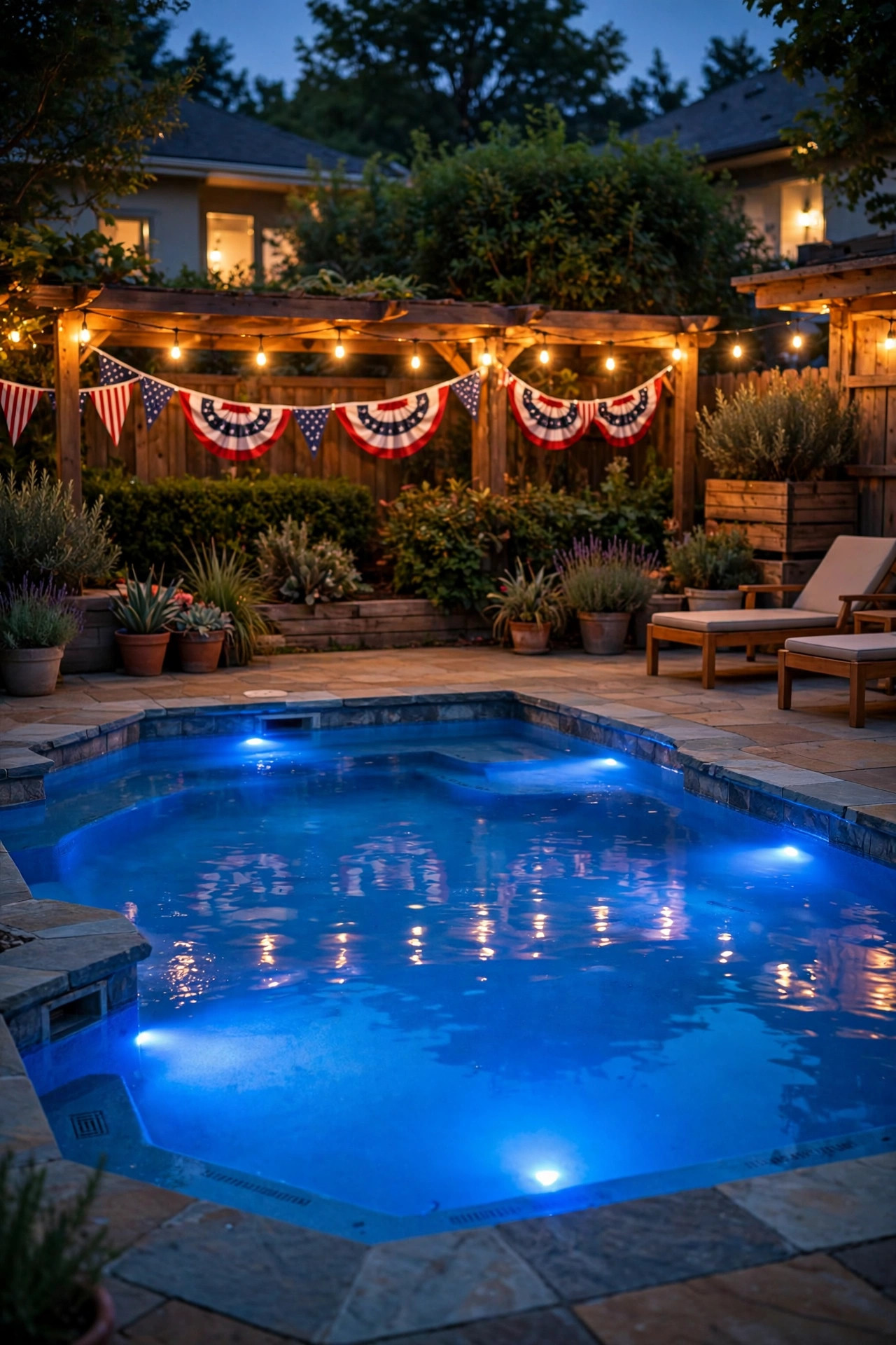 Backyard swimming pool glowing blue from a color-changing underwater LED pool light at night with patriotic patio lights behind