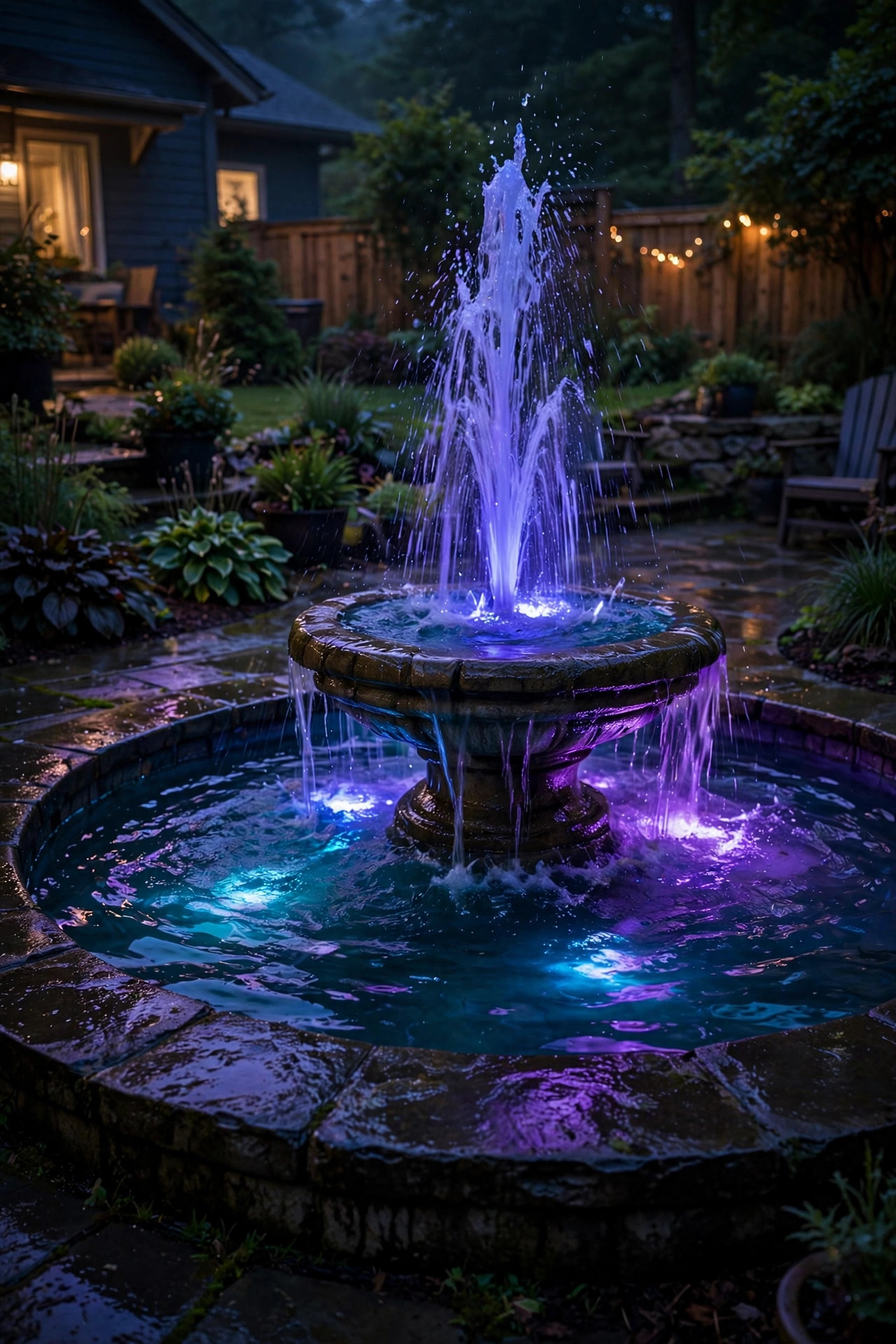 RGB color-changing underwater lights turning fountain water blue and purple