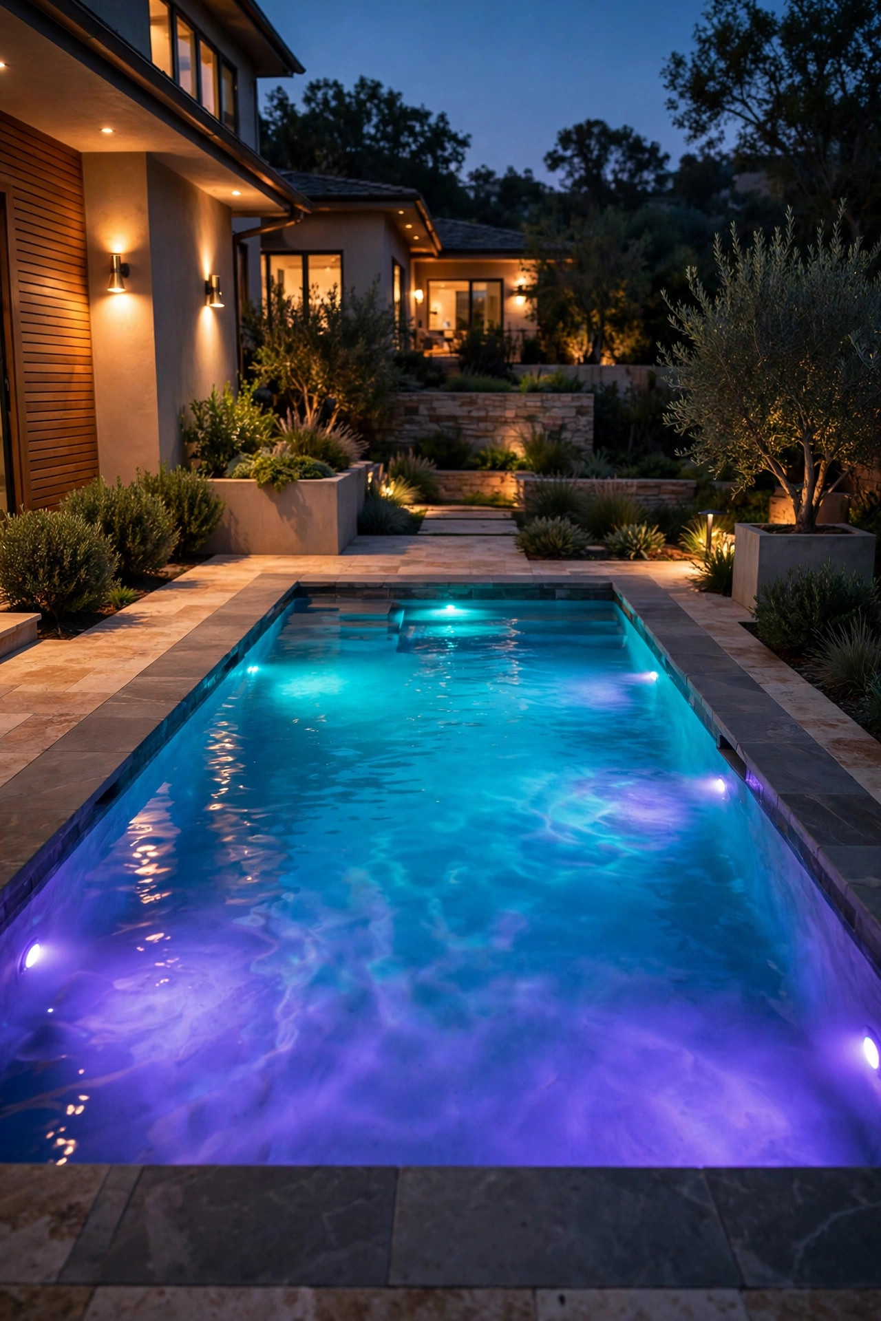 Inground pool glowing turquoise and violet from a color-changing underwater LED light at night
