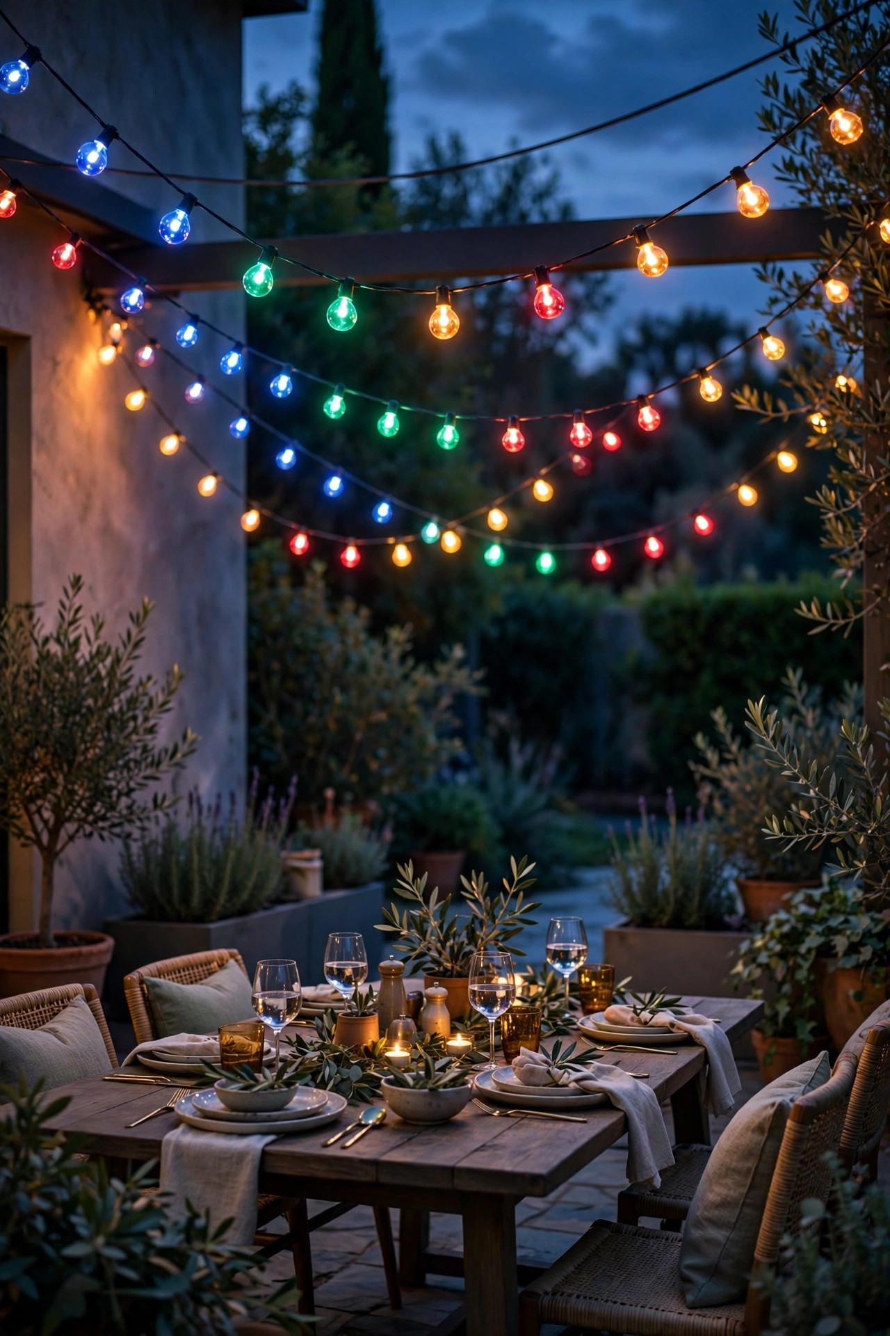 Smart string lights over a patio glowing in shifting jewel tones above an outdoor dining table at dusk