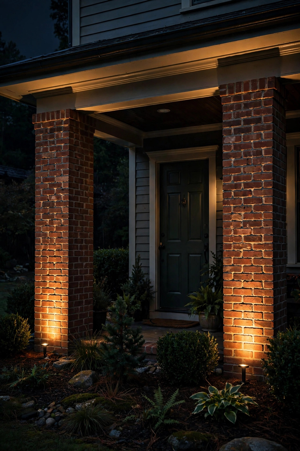 Low-voltage uplights at the base of tall portico columns washing warm light up the full column height