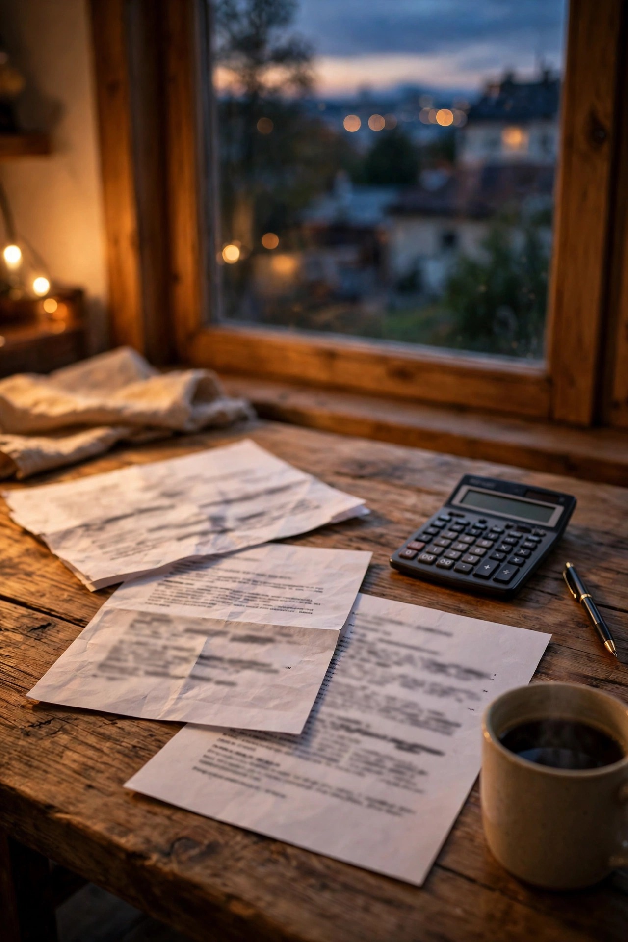 Three printed landscape lighting quotes spread on a kitchen table with a pen and calculator, comparing fixture and installation costs