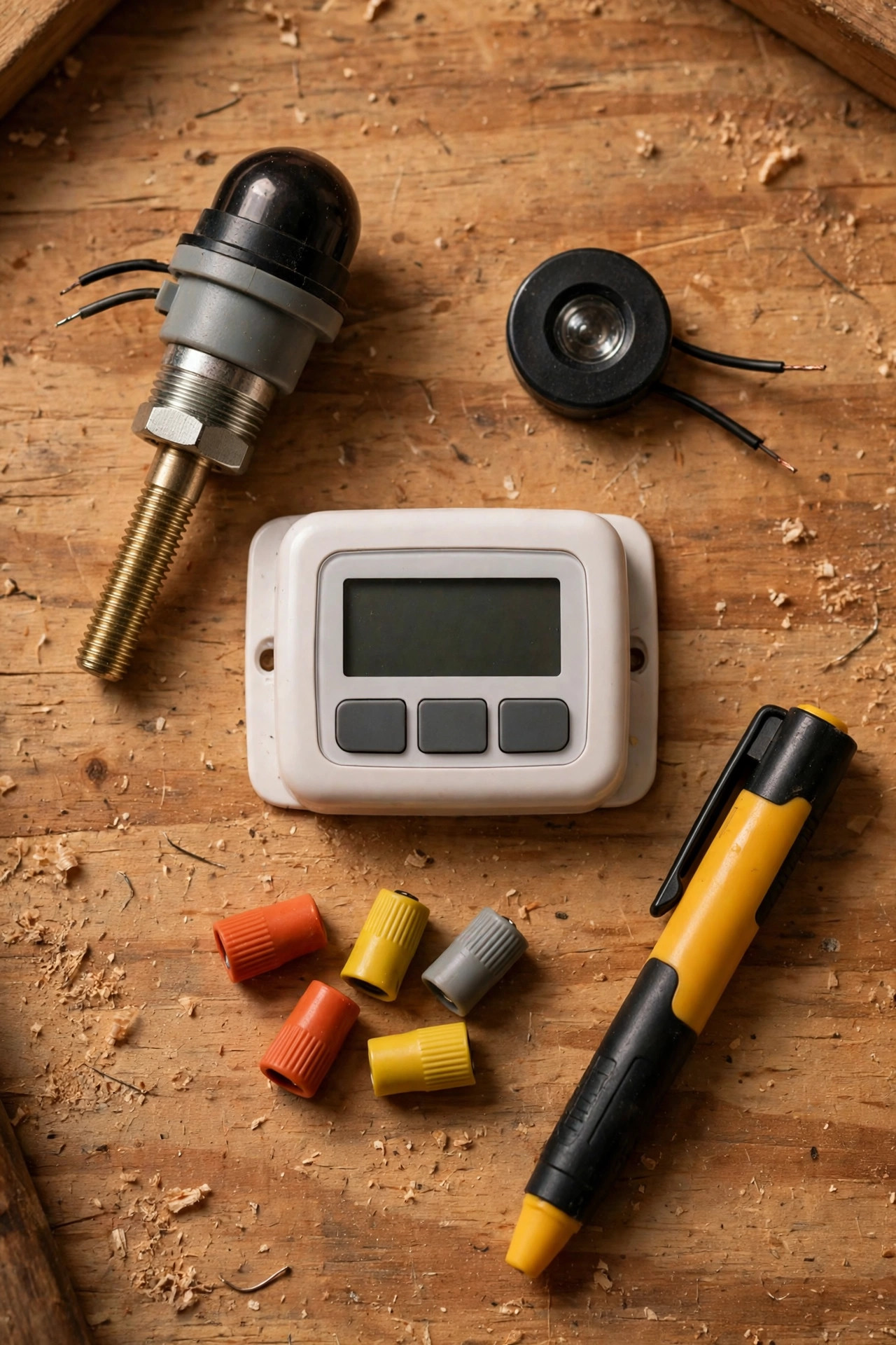 A stem-mount photocell, a button photocell and an in-wall digital timer switch laid out on a workbench with wire nuts and a voltage tester