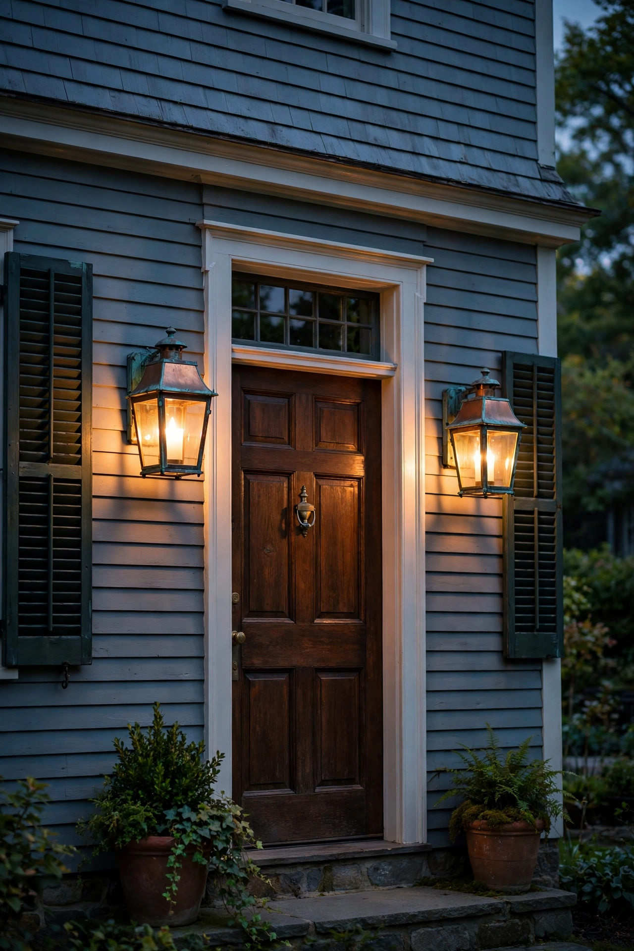 Copper colonial lantern sconces with aged patina glowing at dusk beside a front door