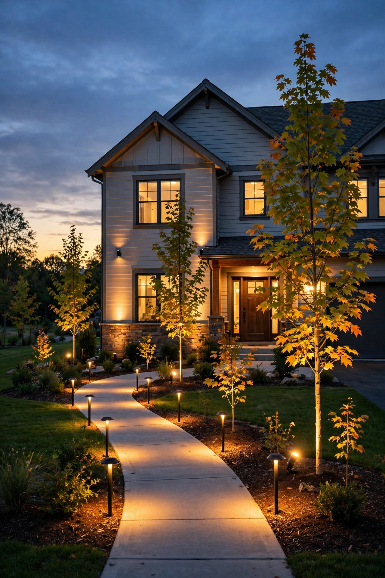 Front yard at dusk with a long row of glowing LED path lights and spotlights washing a suburban home's facade and young maple trees