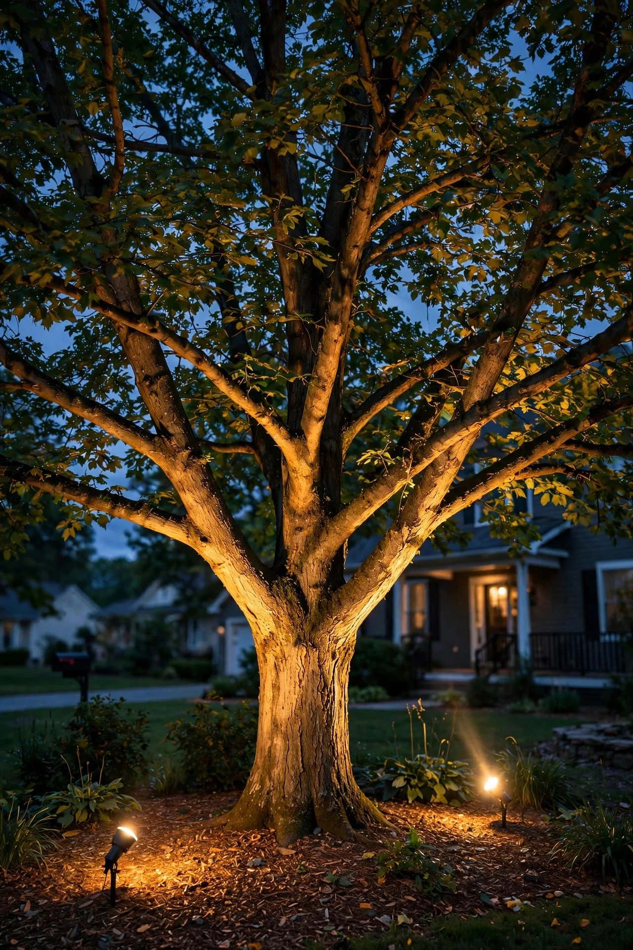 Large mature tree cross-lit by two warm spotlights staked in a mulch bed, glowing from multiple angles at dusk