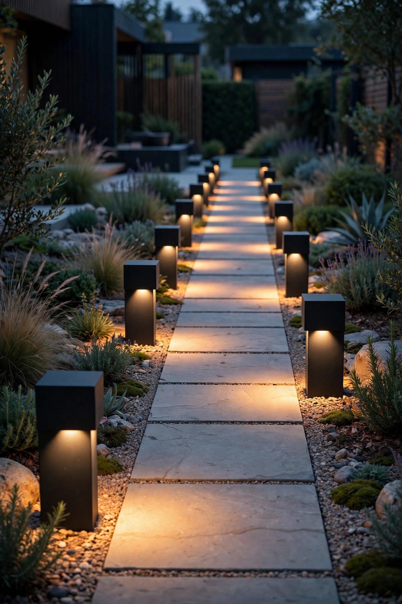 Matte black cube bollard lights lining a modern garden path with warm downward light pools