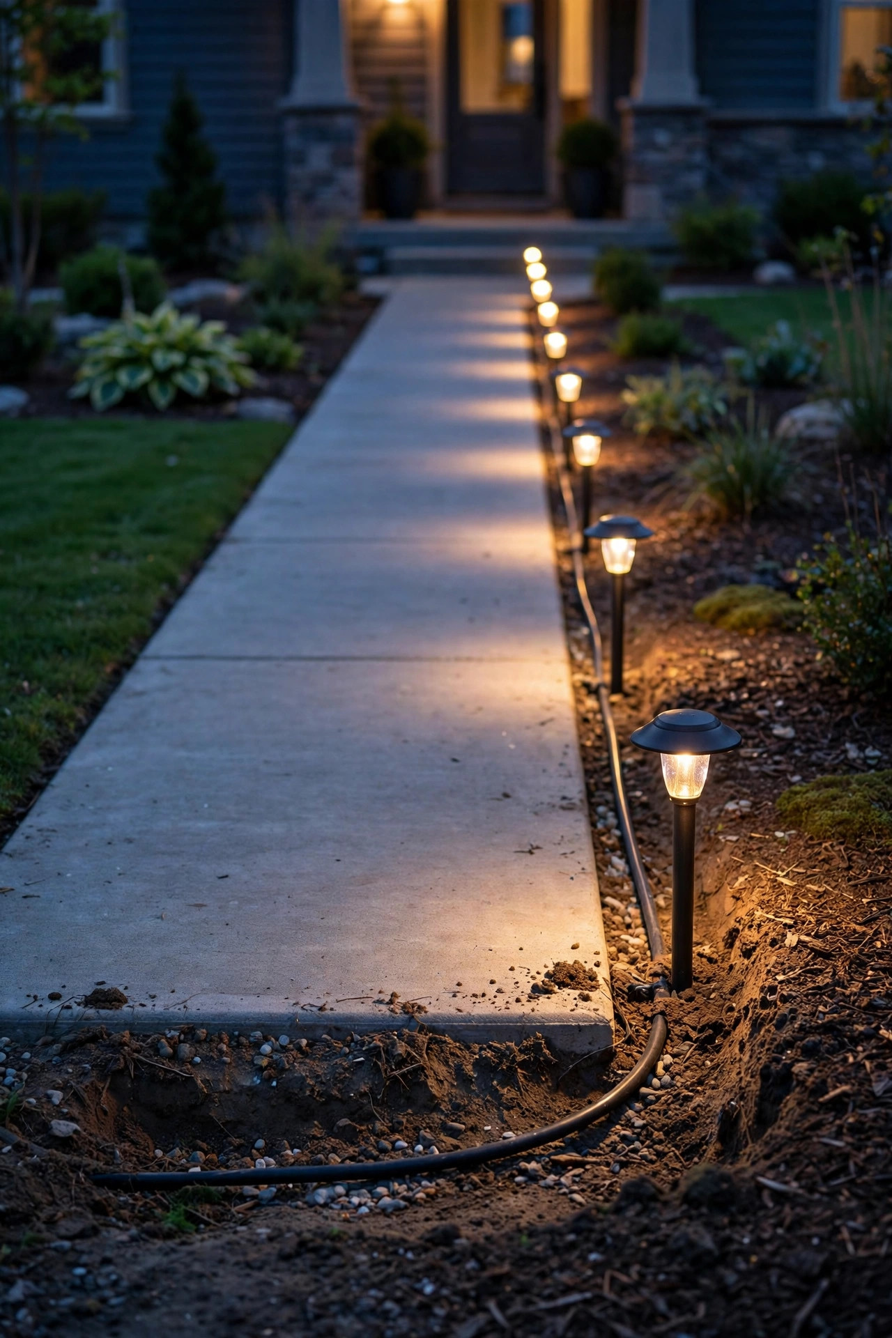 Single line of warm path lights running straight along a front walkway at dusk connected by one buried cable run