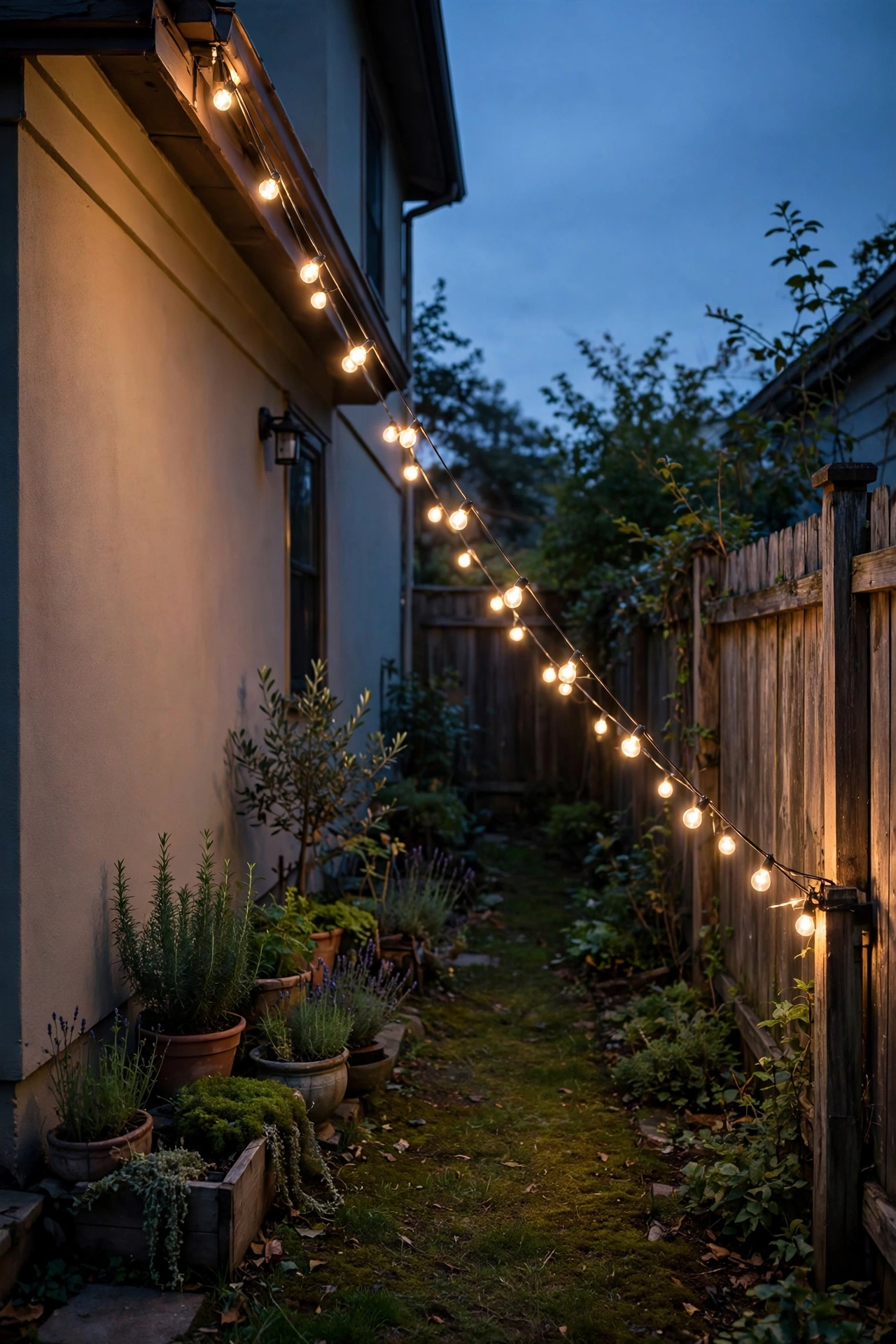 String lights hung diagonally across a small yard at dusk creating a long glowing sightline